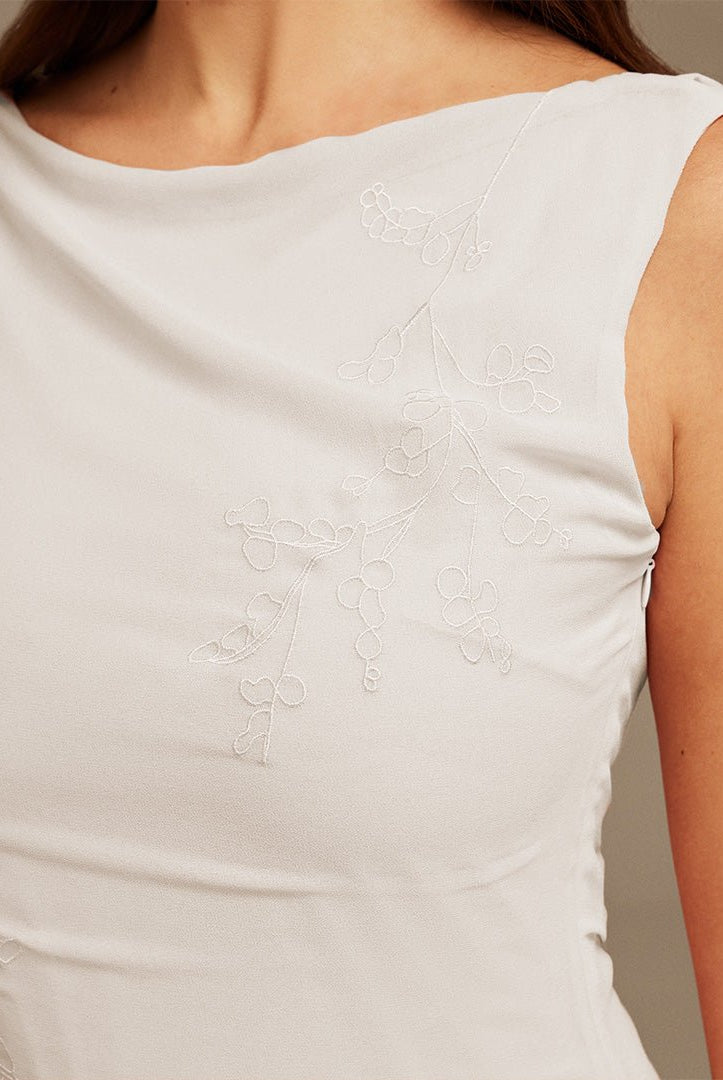 White Sleeveless Chiffon Maxi Dress with embroidery - shopaleena