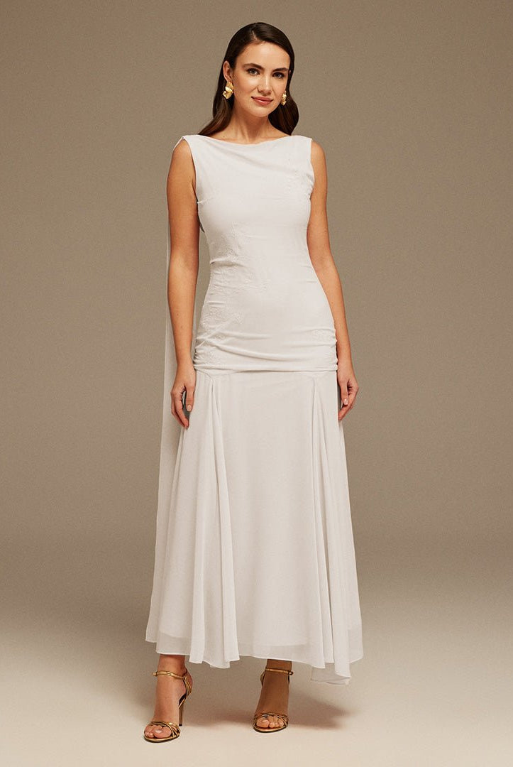 White Sleeveless Chiffon Maxi Dress with embroidery - shopaleena