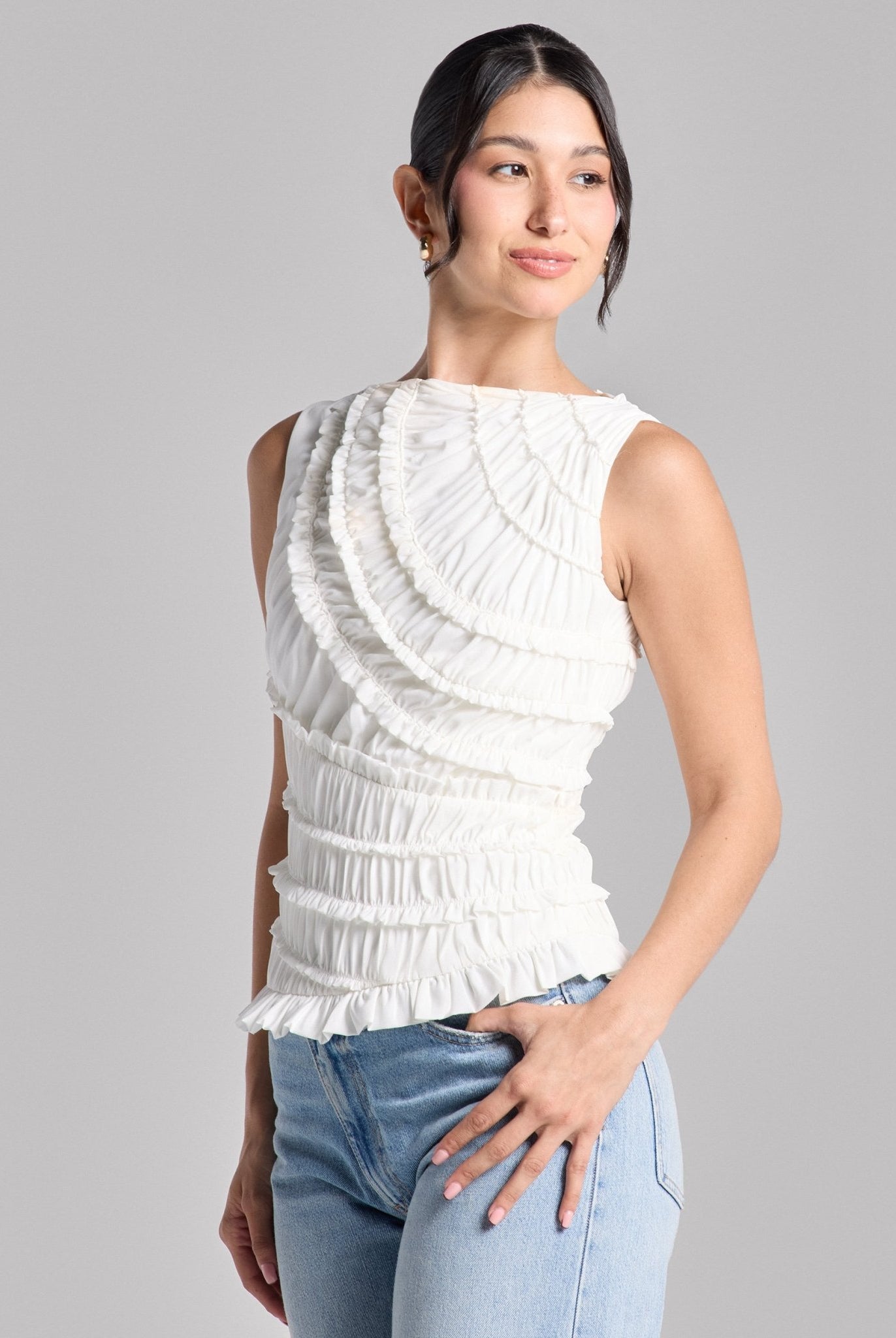 White Sleeveless Chiffon Ruffled Blouse - shopaleena