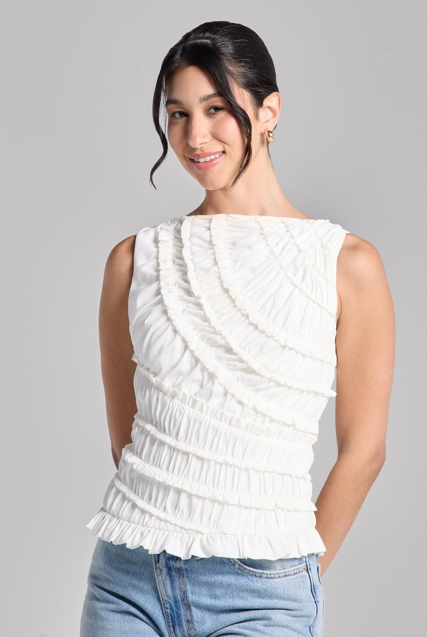 White Sleeveless Chiffon Ruffled Blouse - shopaleena