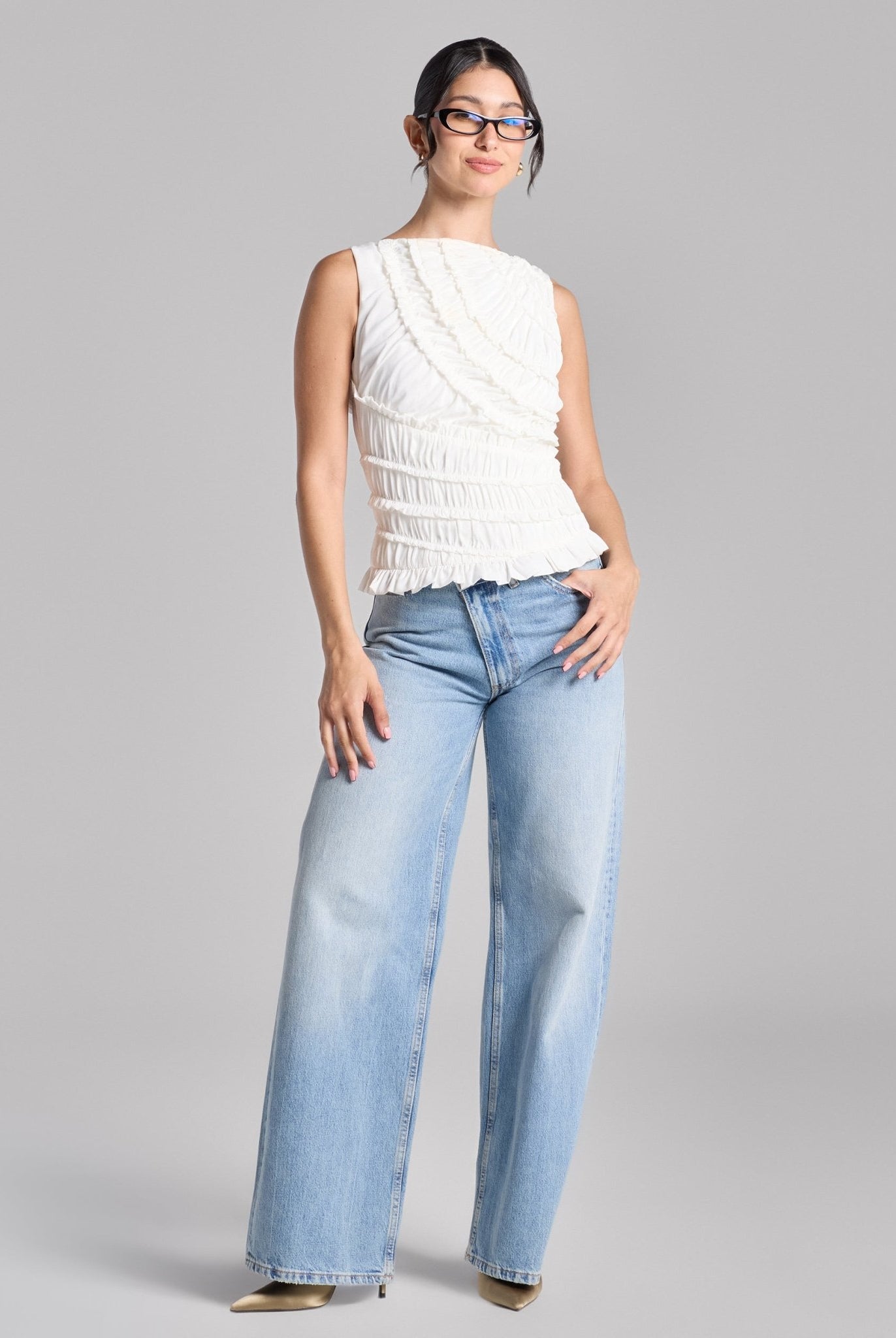 White Sleeveless Chiffon Ruffled Blouse - shopaleena