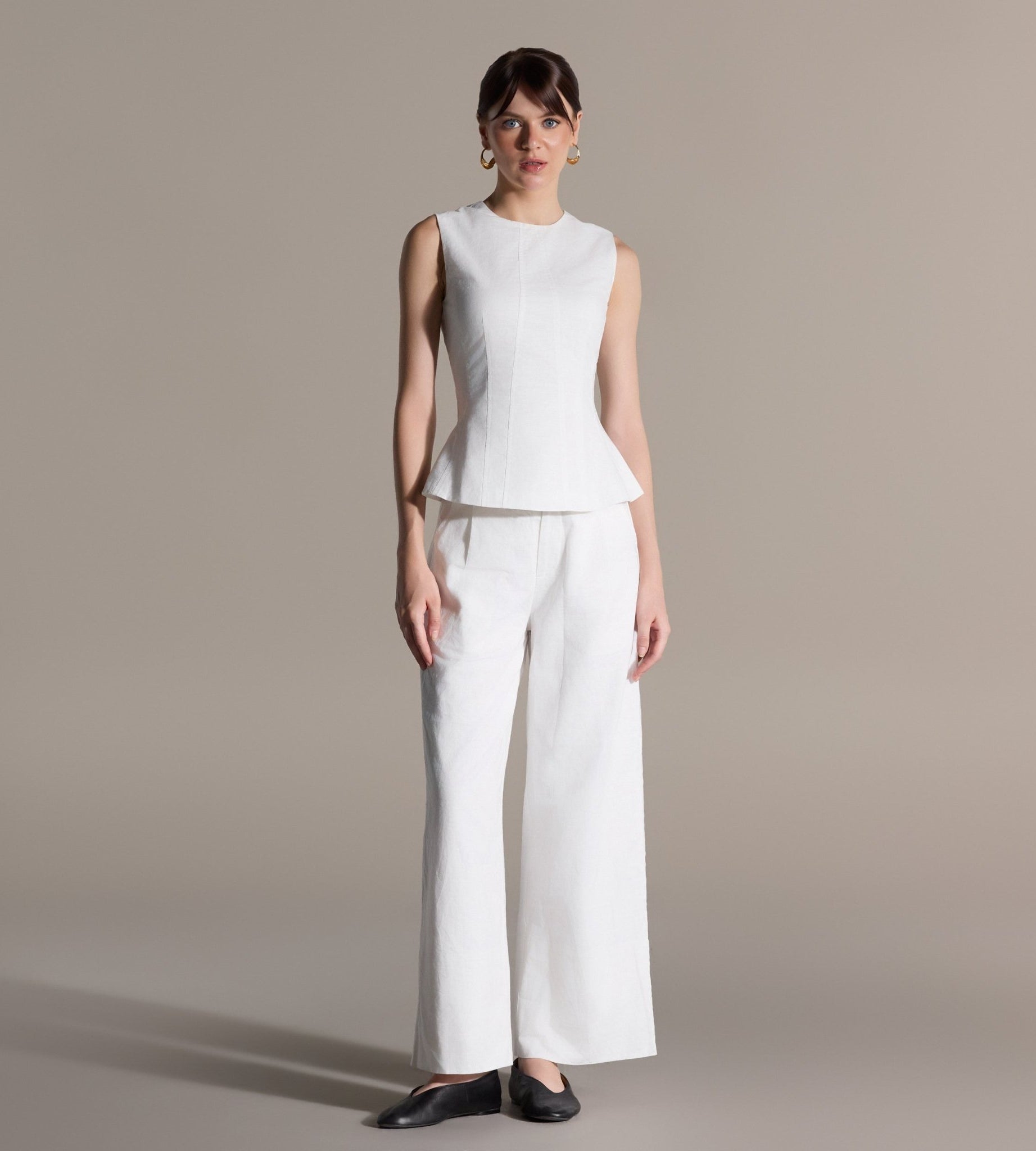 White Sleeveless Round Neck Peplum Top - shopaleena