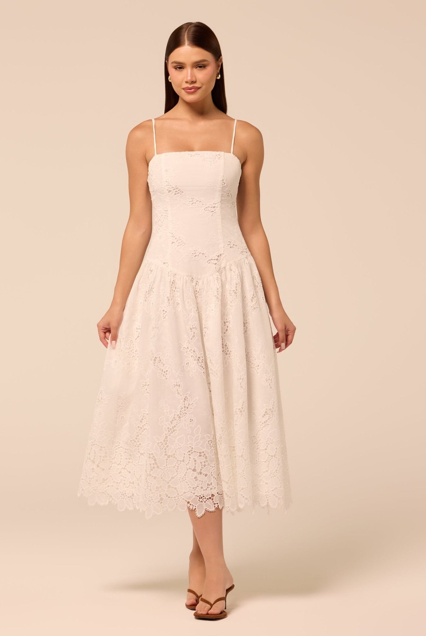 White Spaghetti Strap Floral Lace Midi Dress - shopaleena