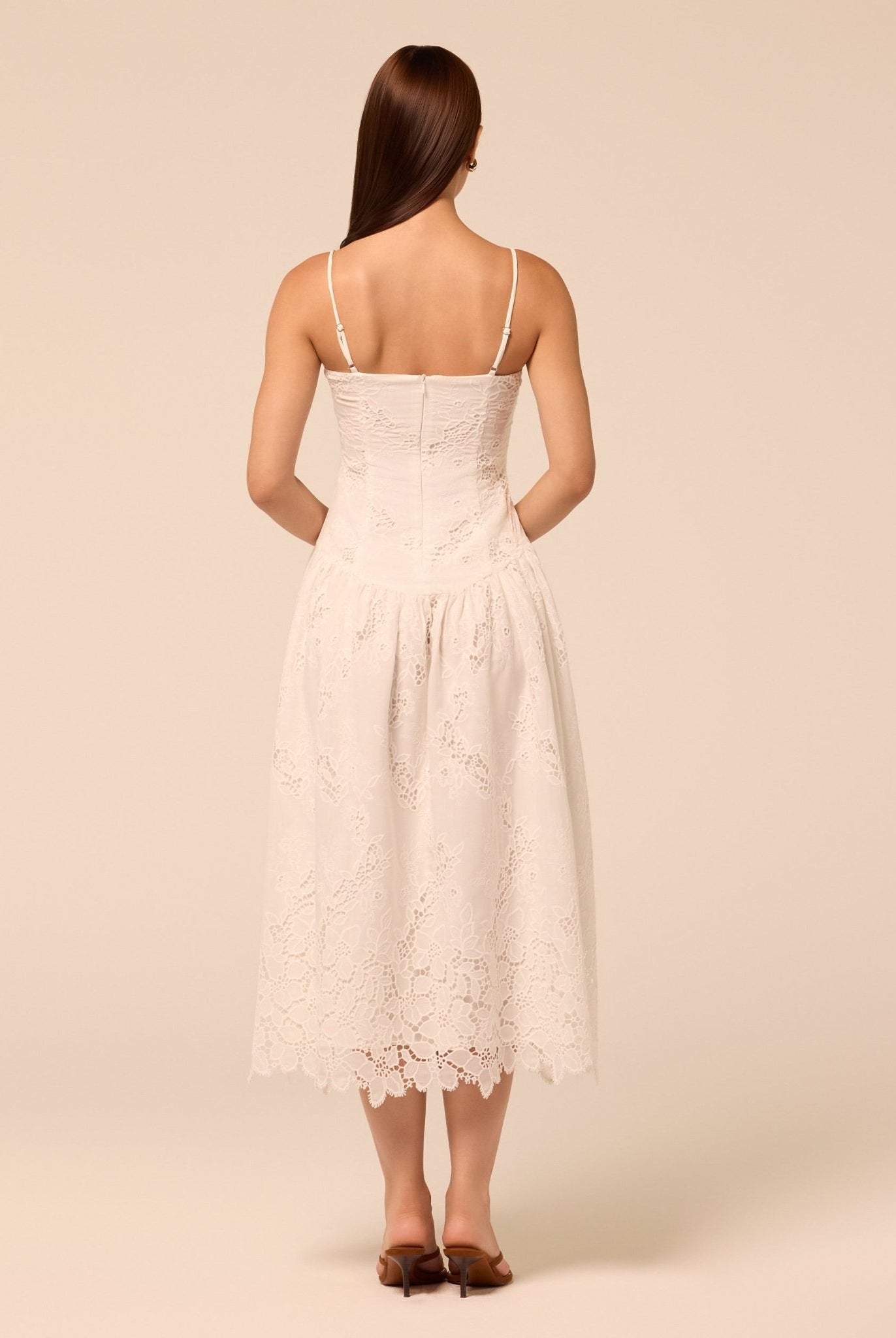 White Spaghetti Strap Floral Lace Midi Dress - shopaleena