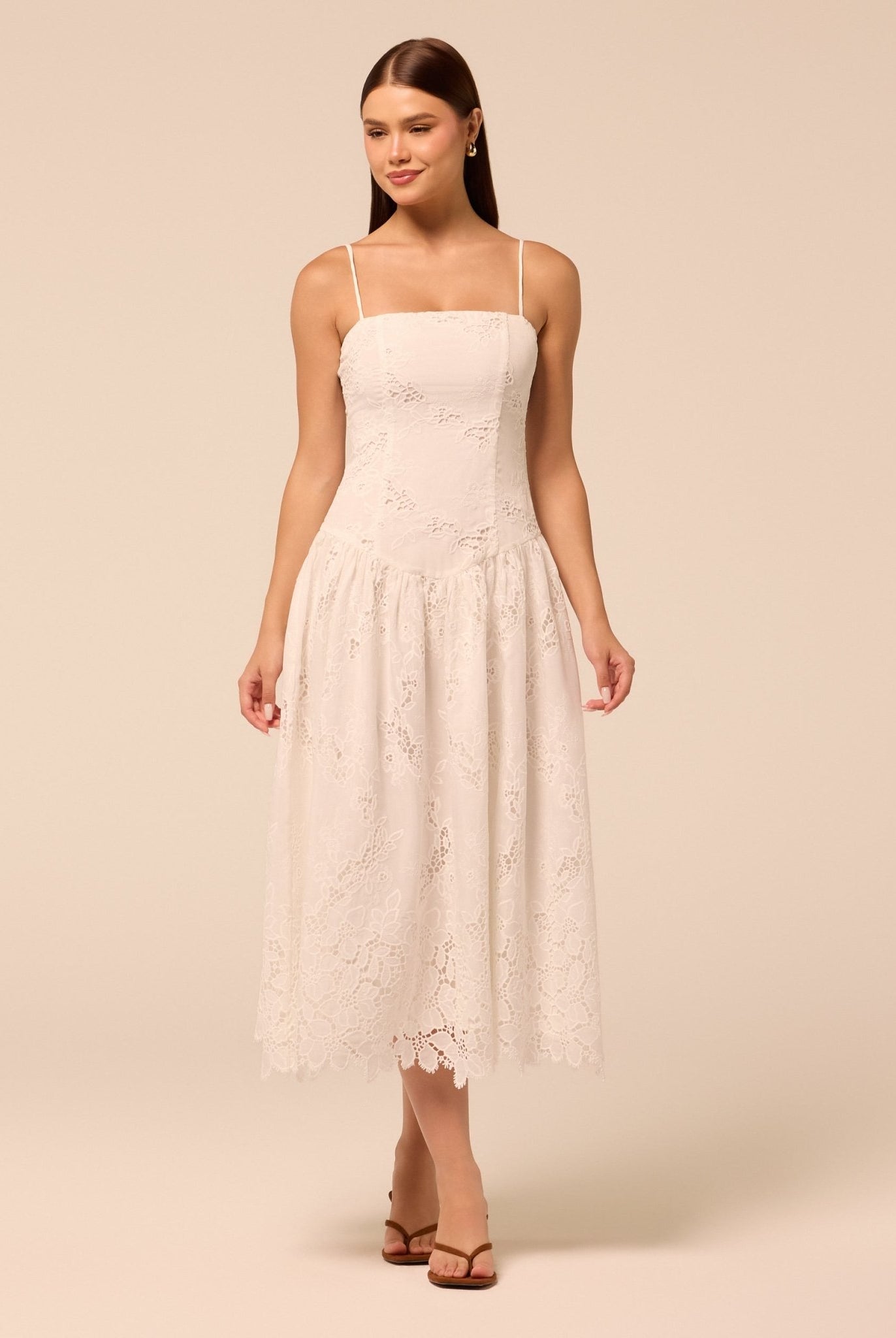 White Spaghetti Strap Floral Lace Midi Dress - shopaleena