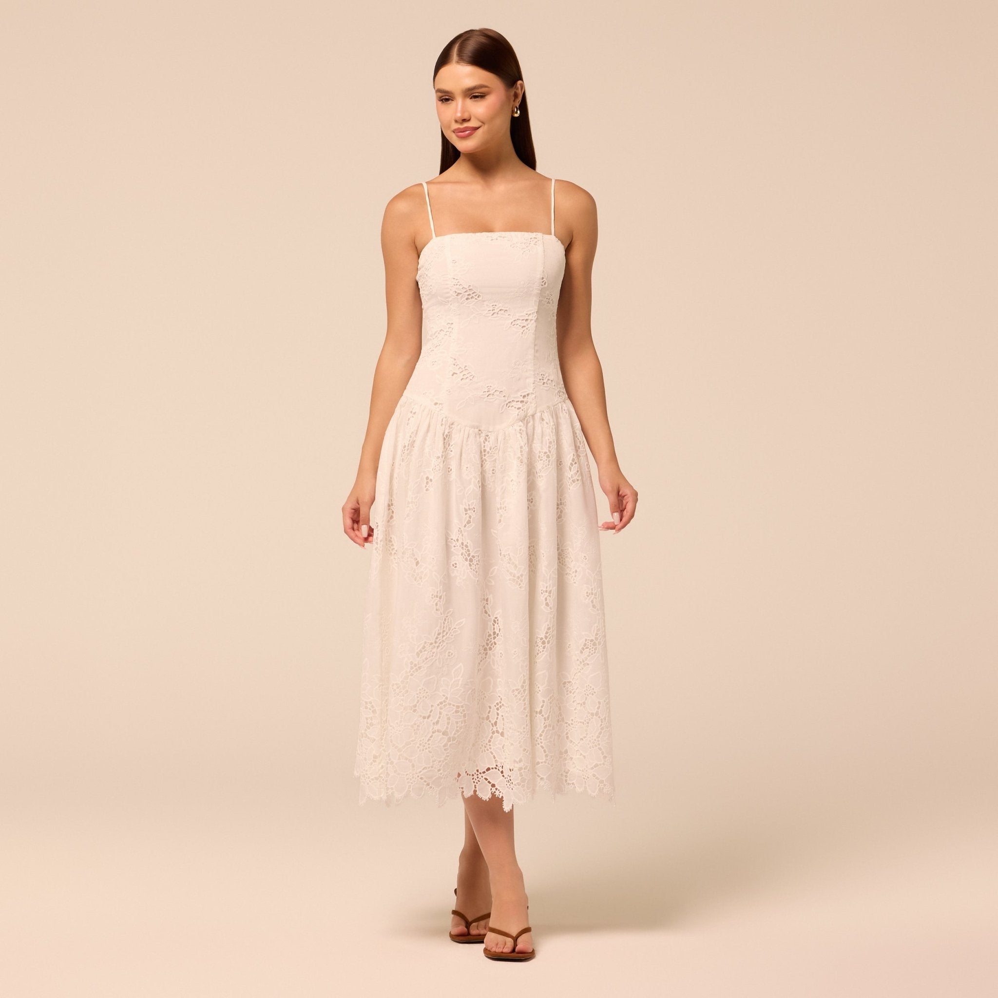 White Spaghetti Strap Floral Lace Midi Dress - shopaleena