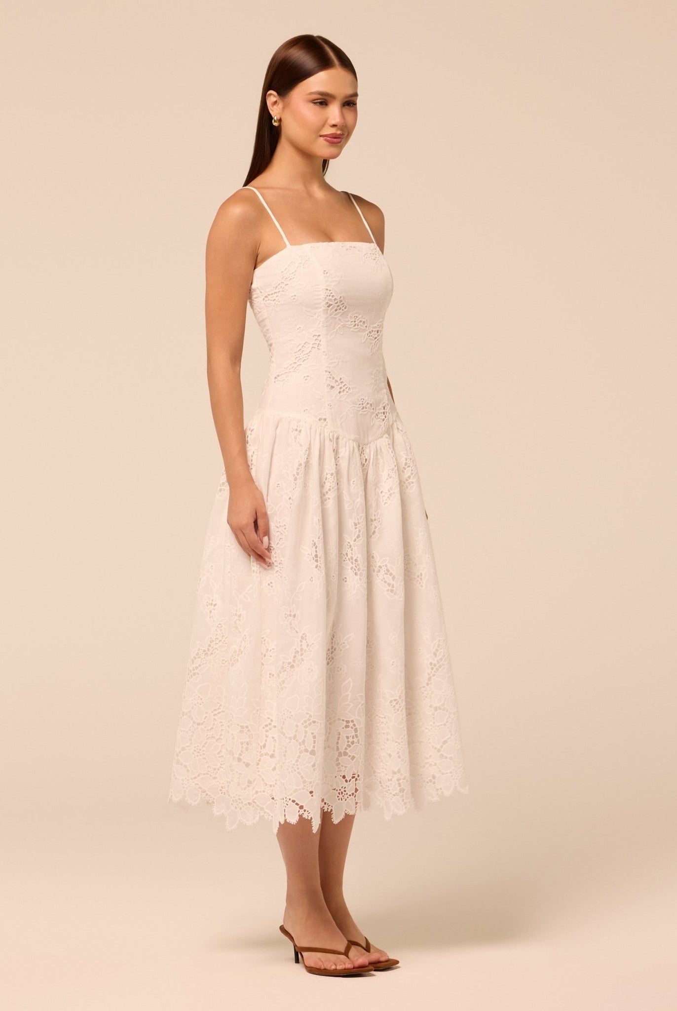 White Spaghetti Strap Floral Lace Midi Dress - shopaleena