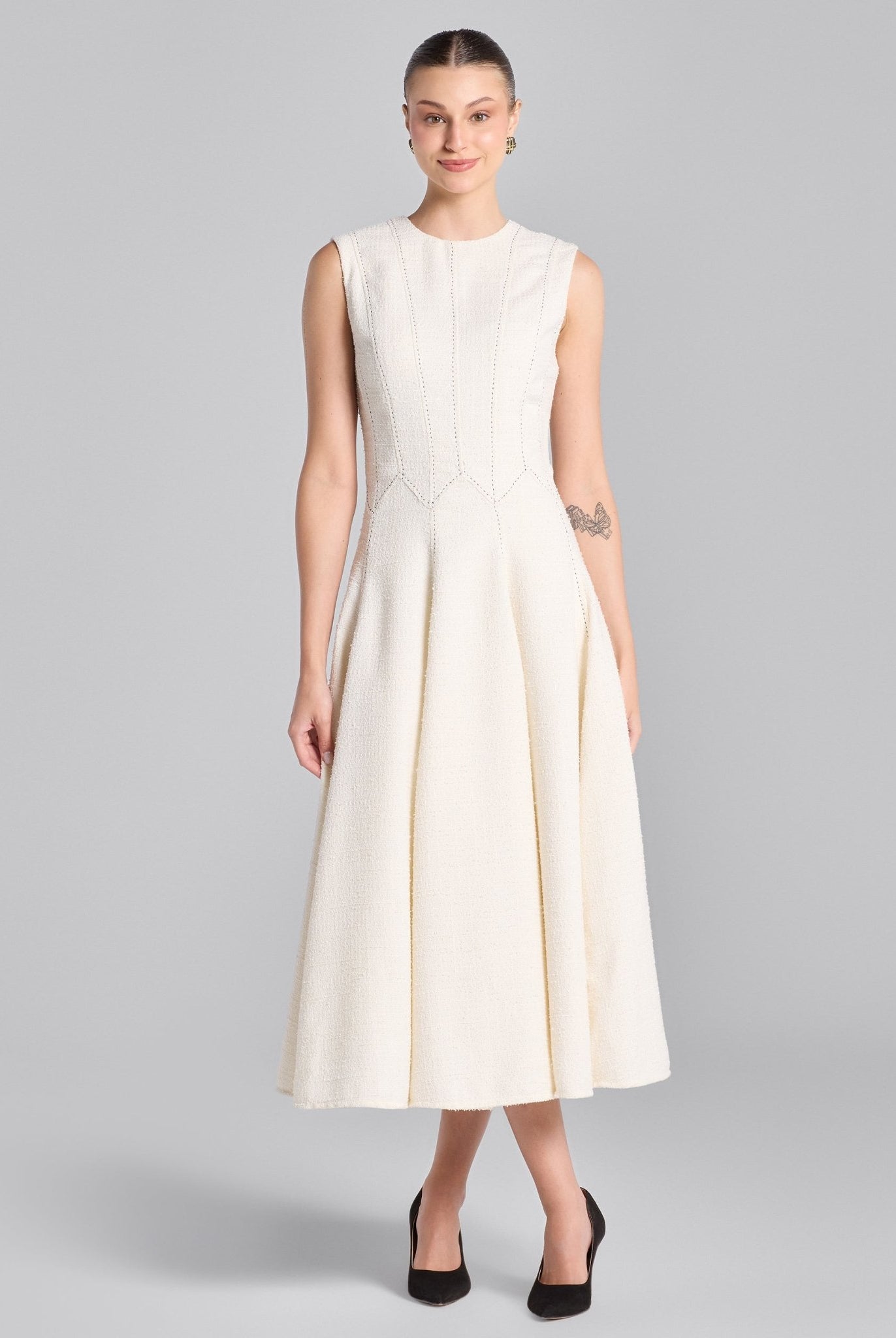White Stitched A - line Twill Midi Dress - shopaleena