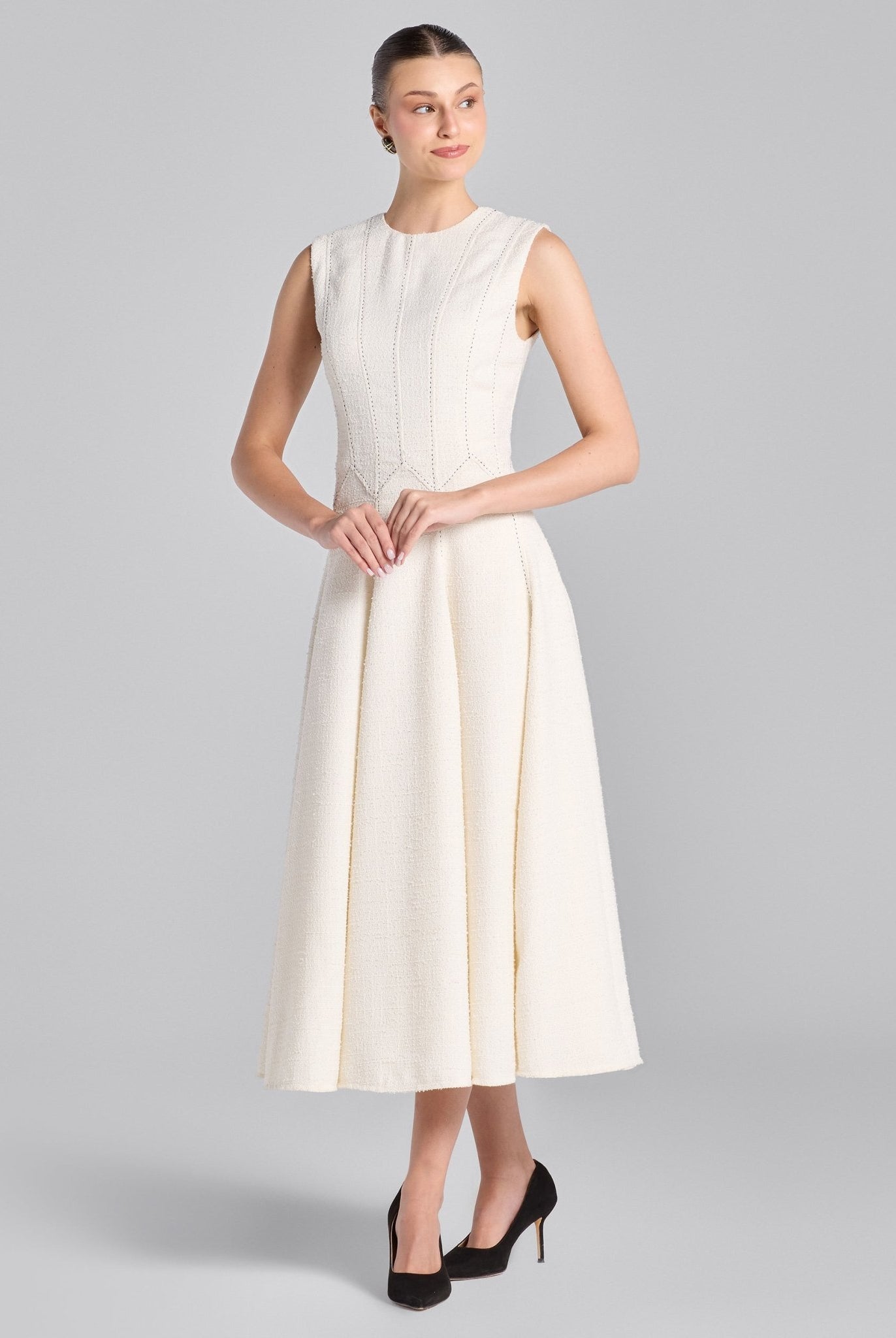 White Stitched A - line Twill Midi Dress - shopaleena