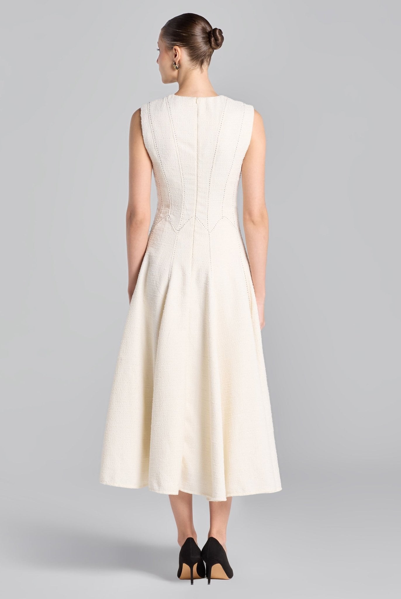 White Stitched A - line Twill Midi Dress - shopaleena