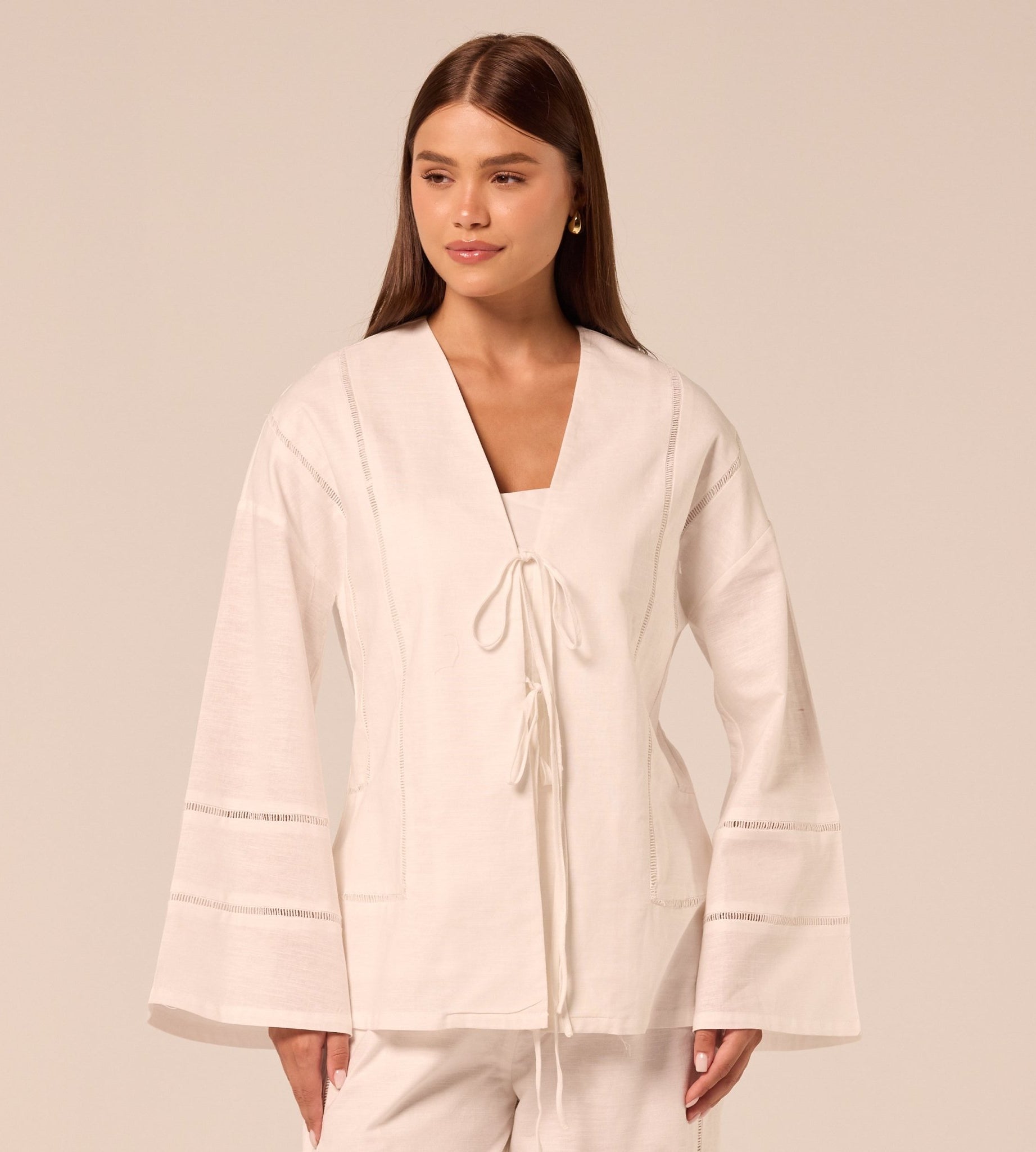 White Tie-Front Cotton-Linen Shirt - shopaleena