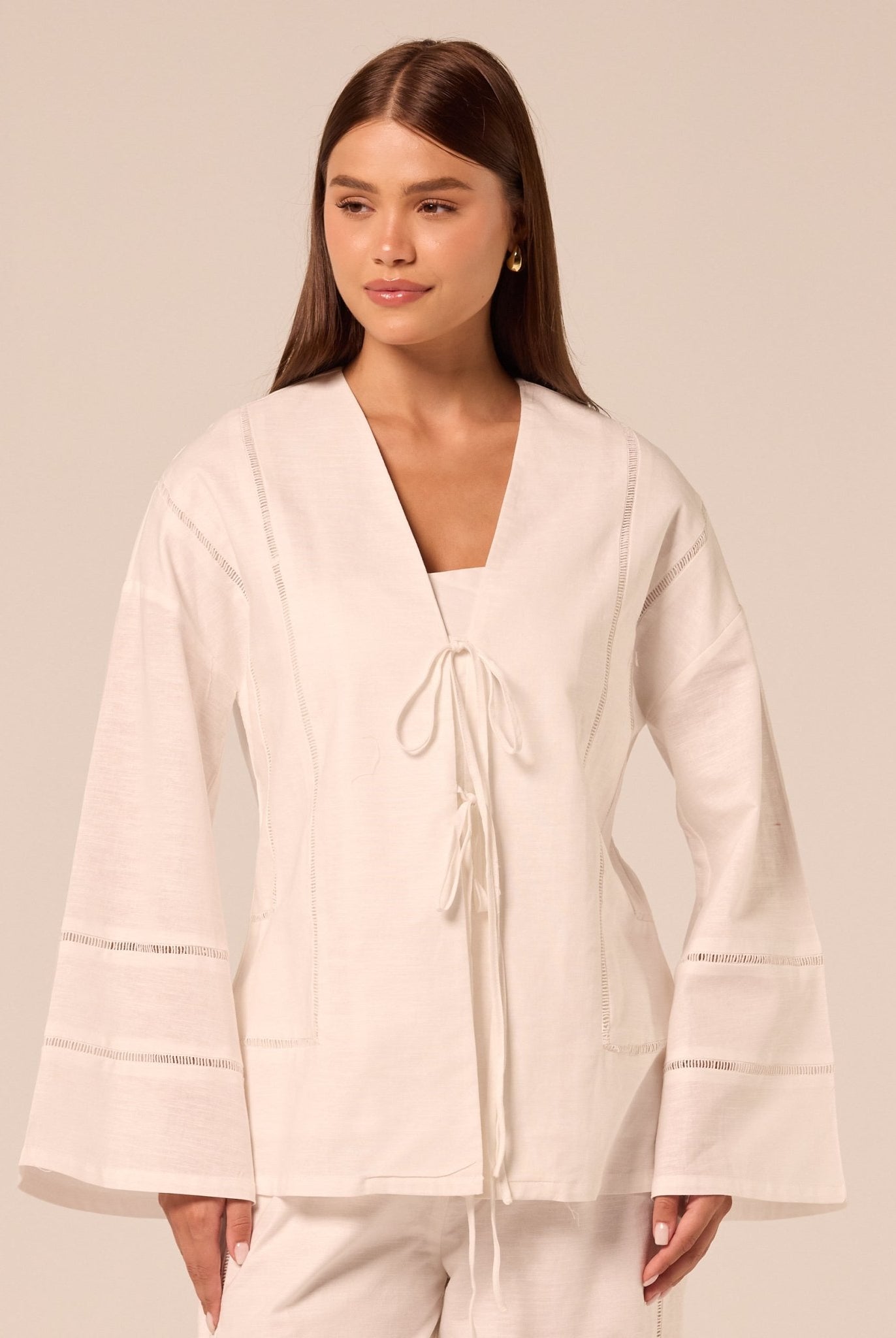 White Tie-Front Cotton-Linen Shirt - shopaleena