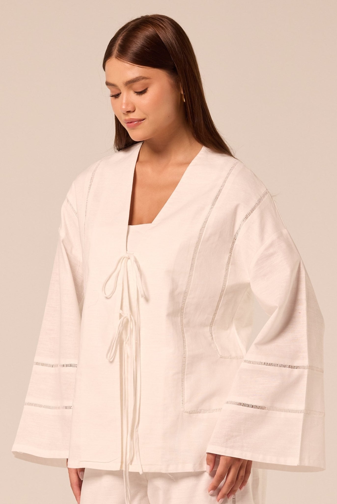 White Tie-Front Cotton-Linen Shirt - shopaleena