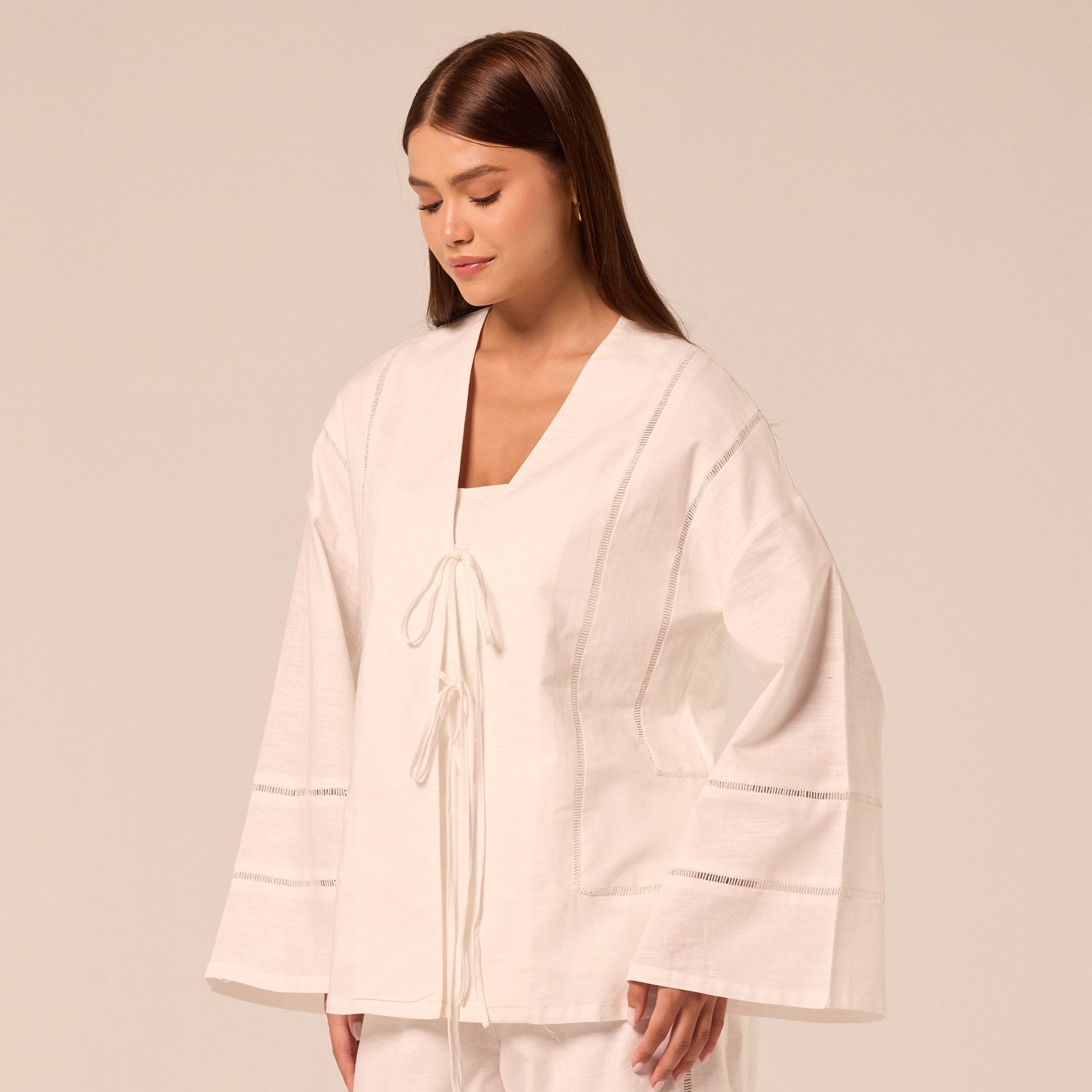 White Tie-Front Cotton-Linen Shirt - shopaleena