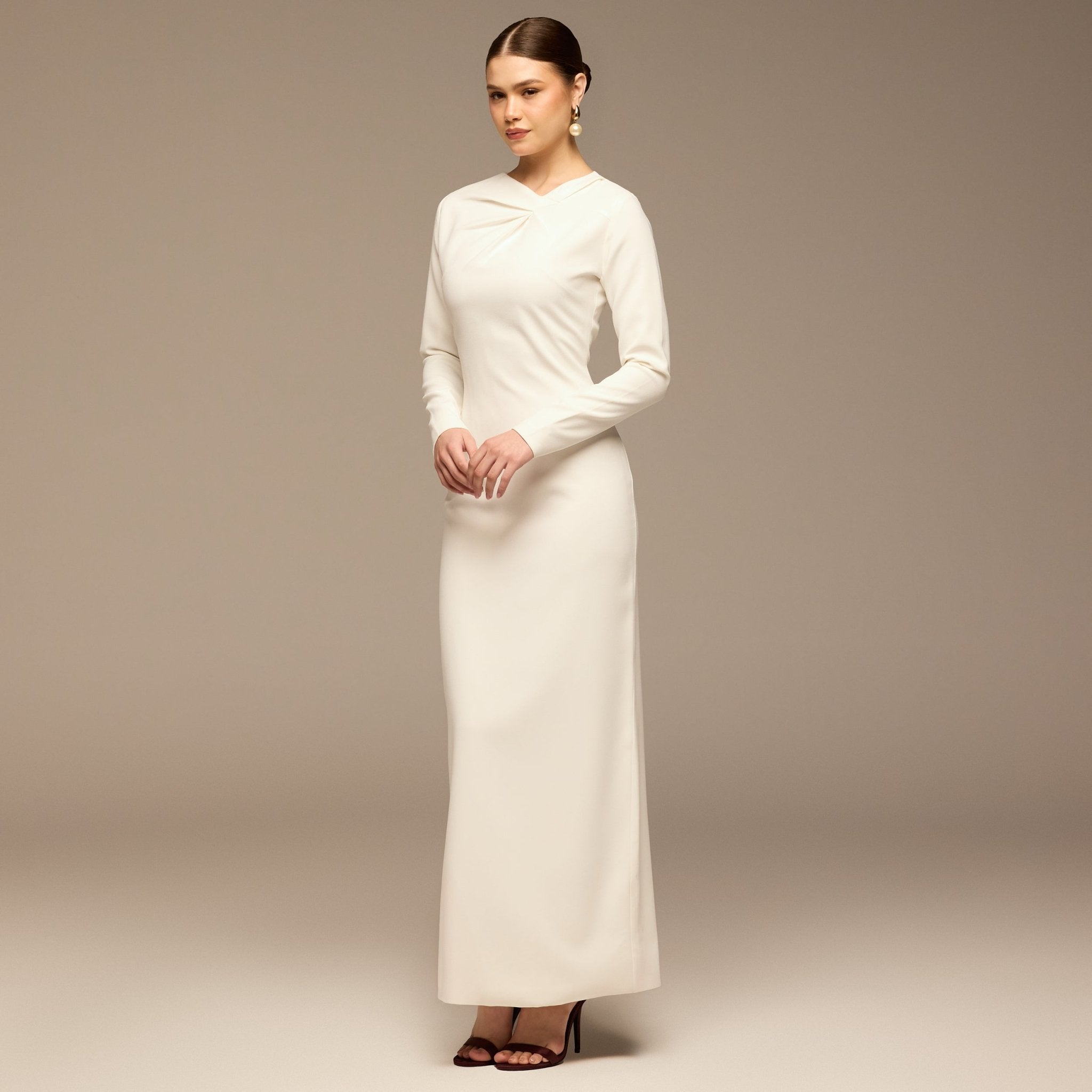 White Twist Neck Crepe Dress - shopaleena