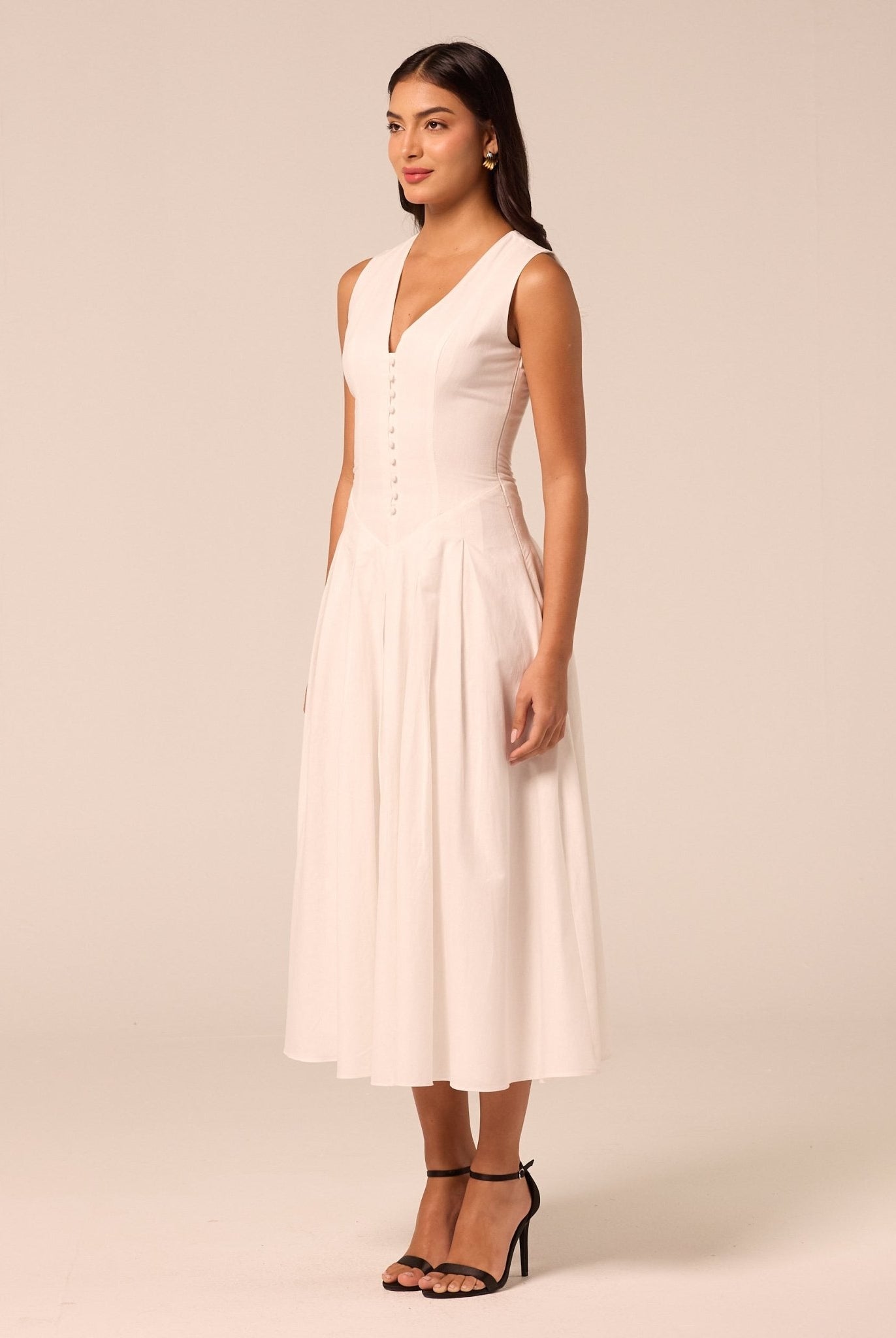 White V-Neck Pleated Linen Midi Dress - shopaleena