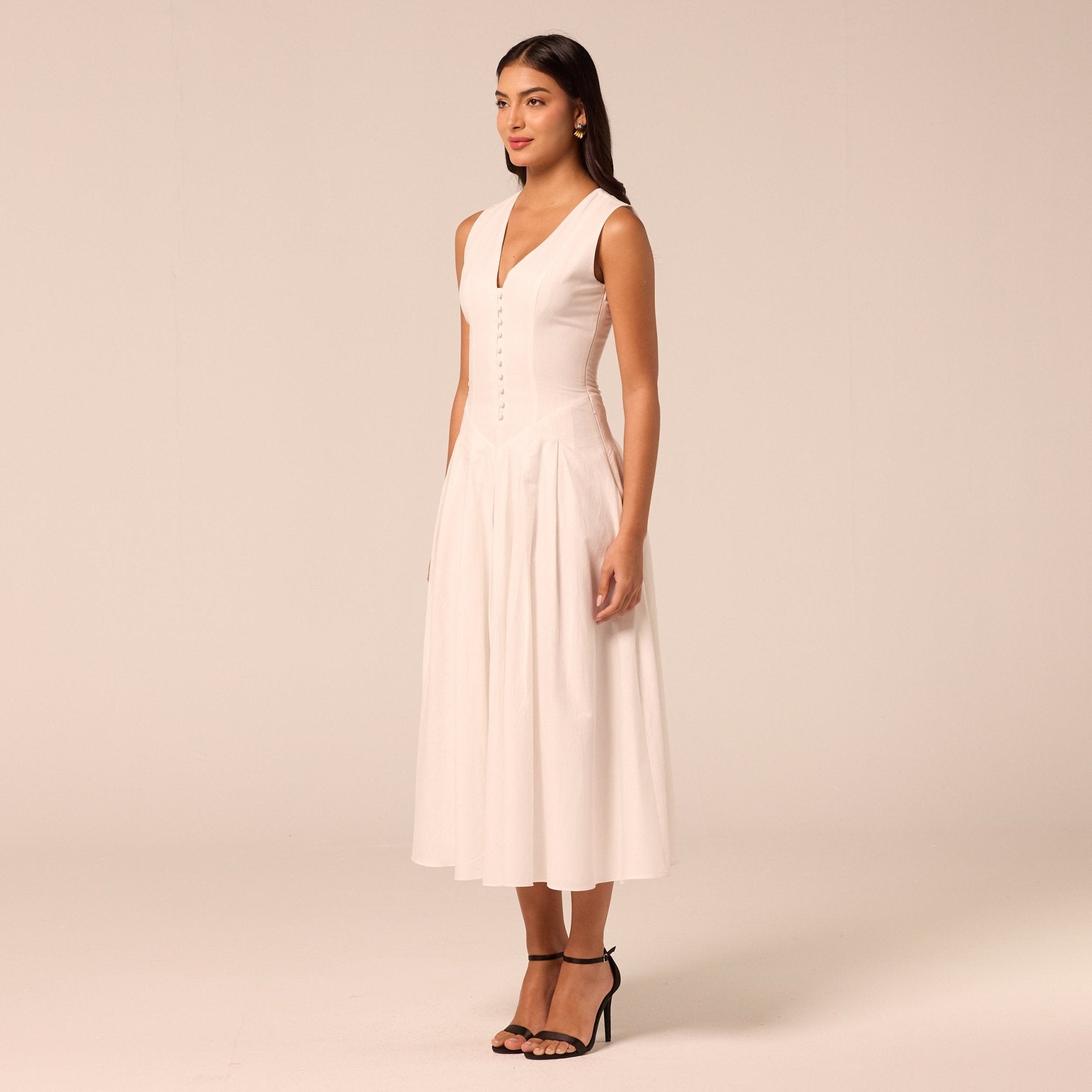 White V-Neck Pleated Linen Midi Dress - shopaleena