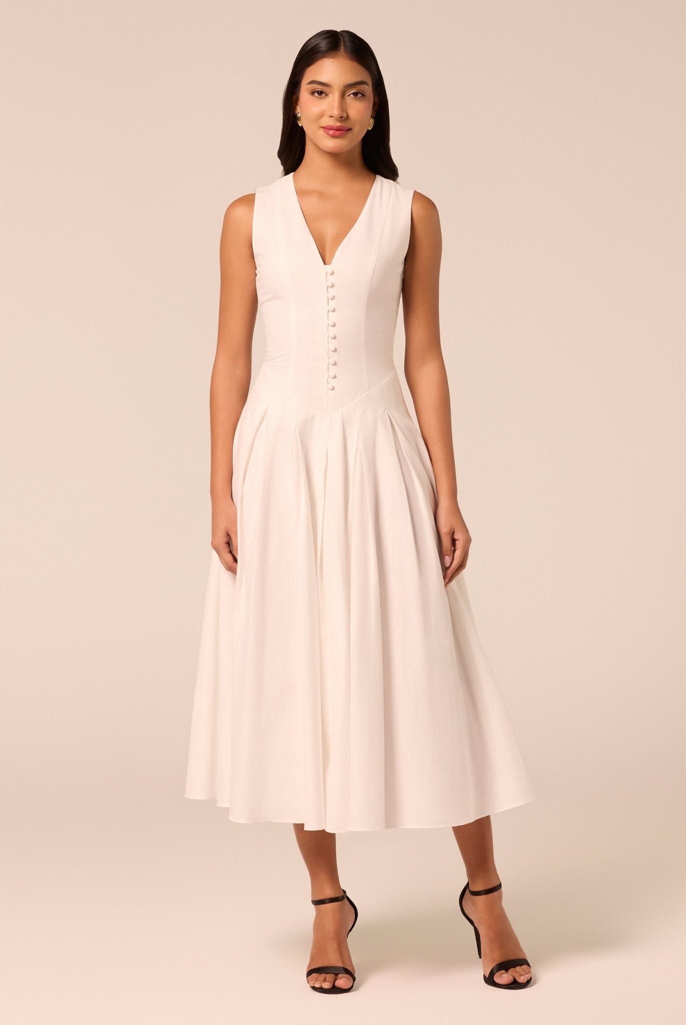 White V-Neck Pleated Linen Midi Dress - shopaleena