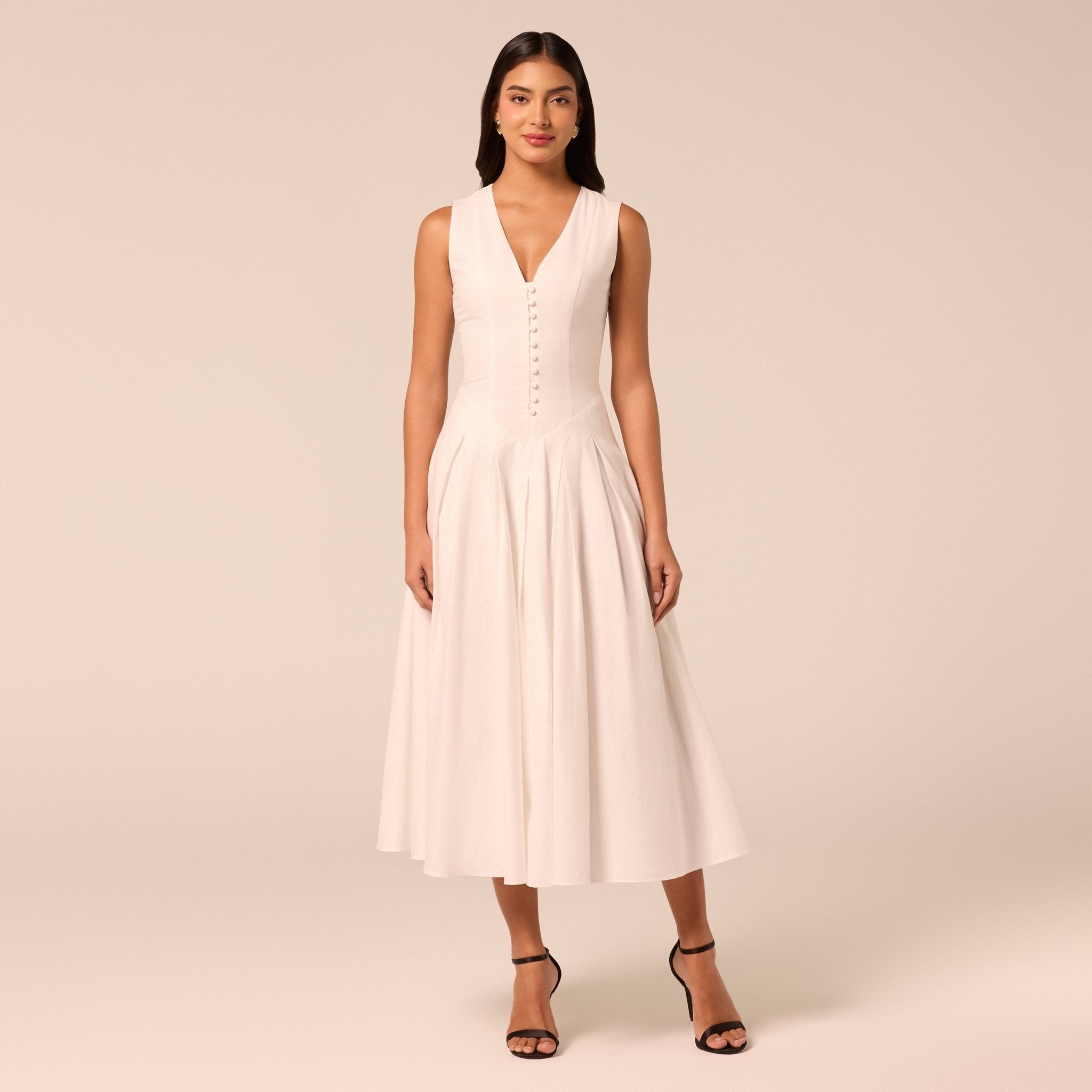 White V-Neck Pleated Linen Midi Dress - shopaleena