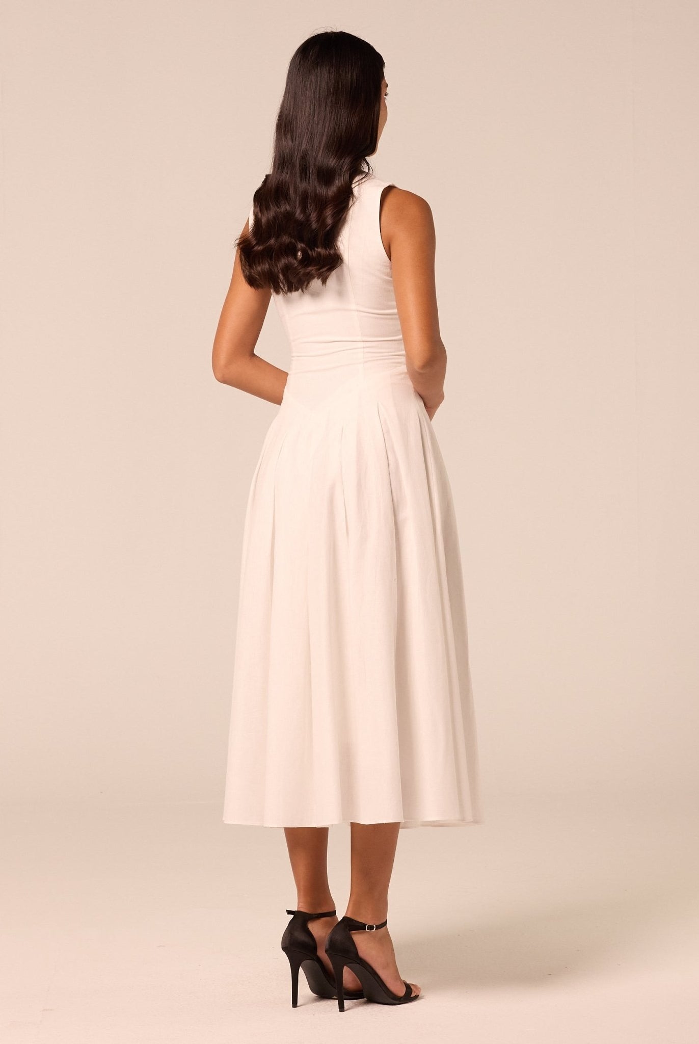 White V-Neck Pleated Linen Midi Dress - shopaleena