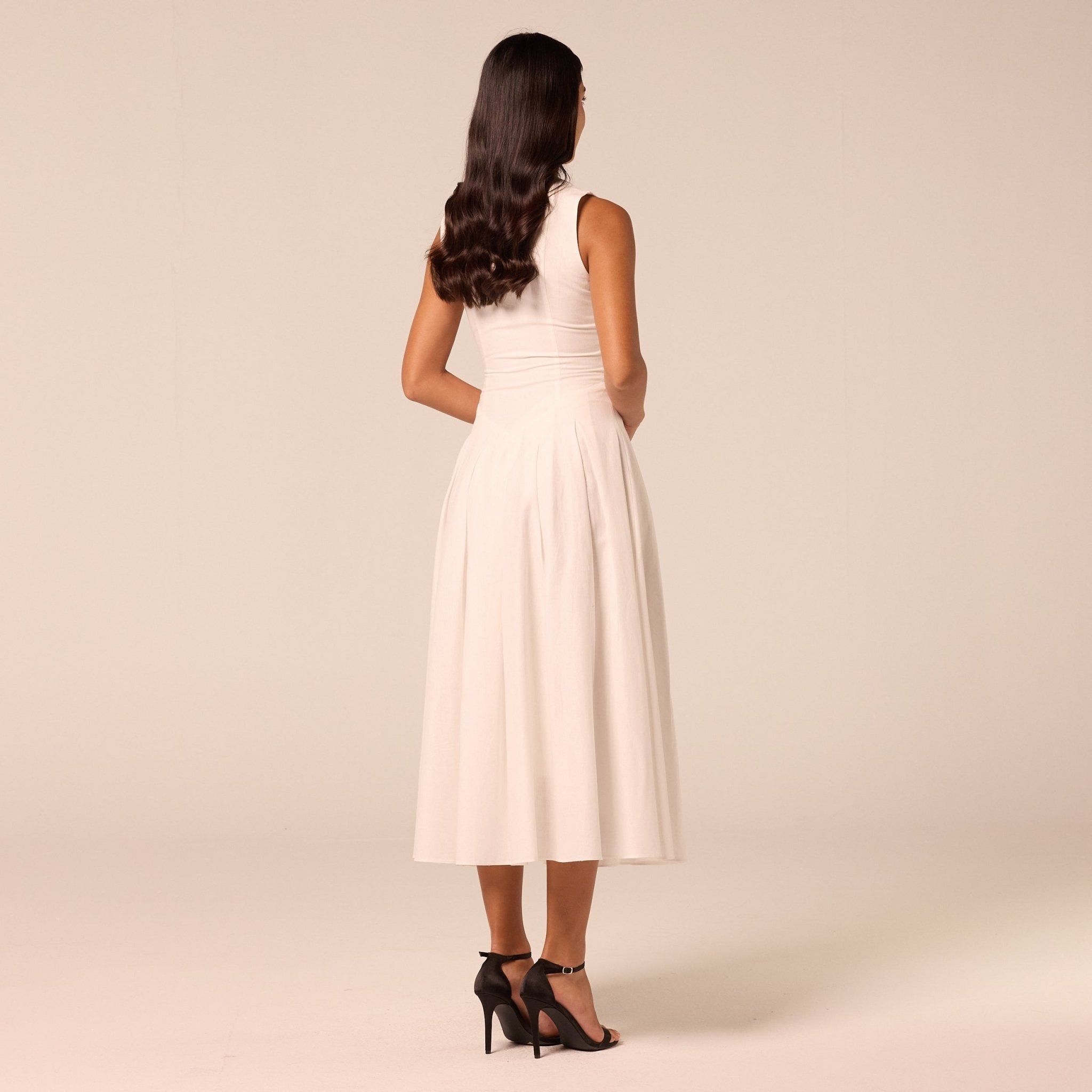 White V-Neck Pleated Linen Midi Dress - shopaleena