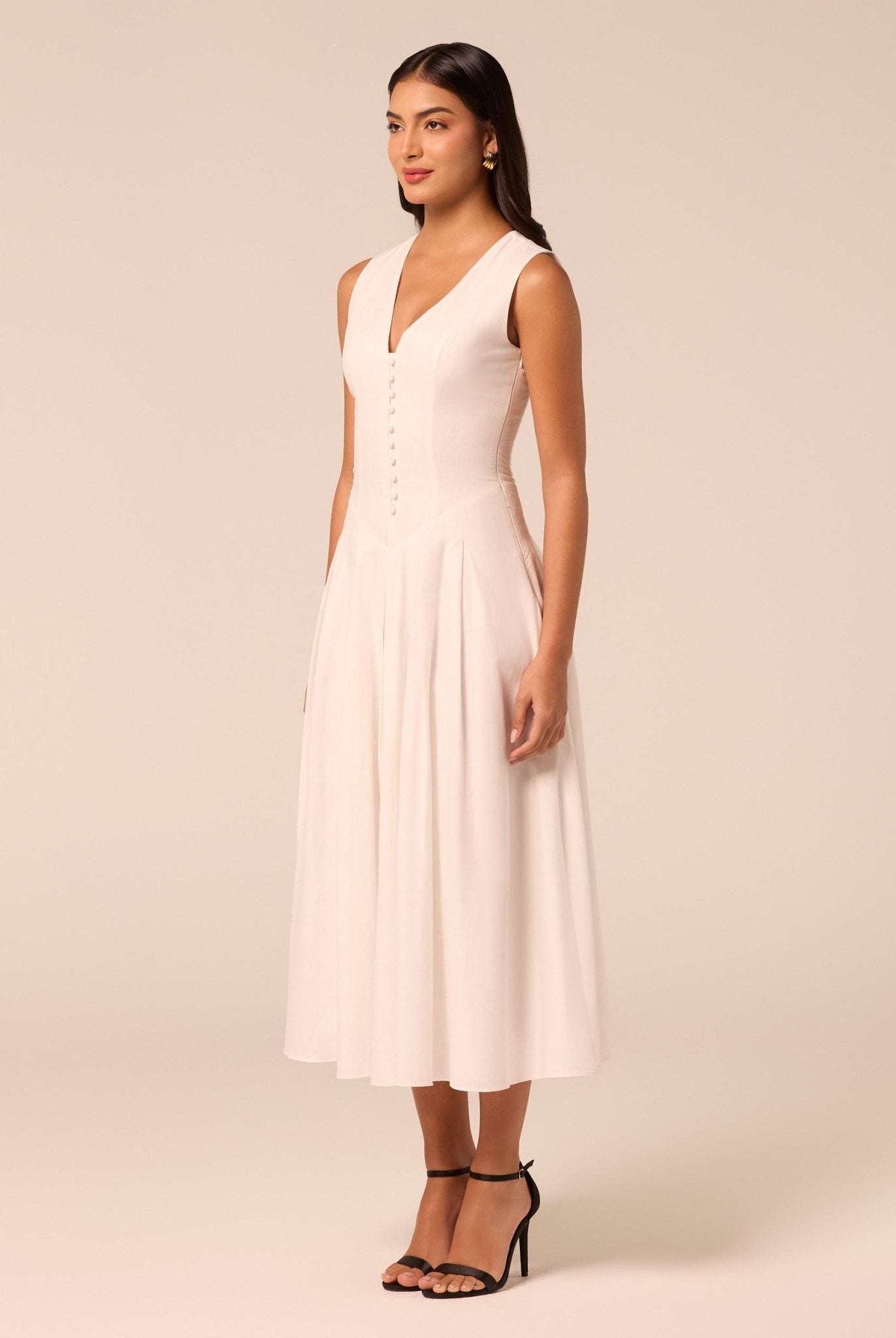 White V-Neck Pleated Linen Midi Dress - shopaleena