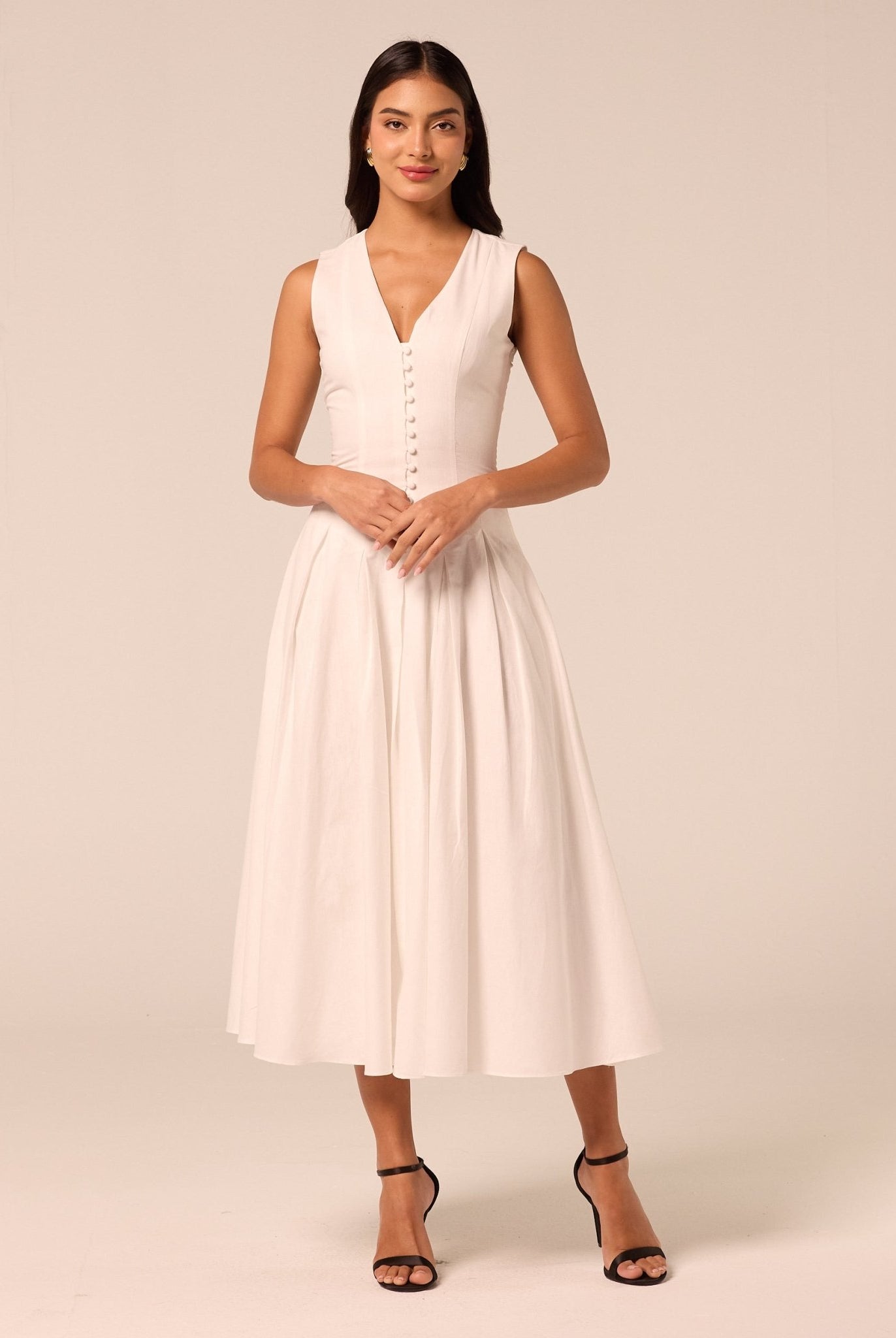 White V-Neck Pleated Linen Midi Dress - shopaleena