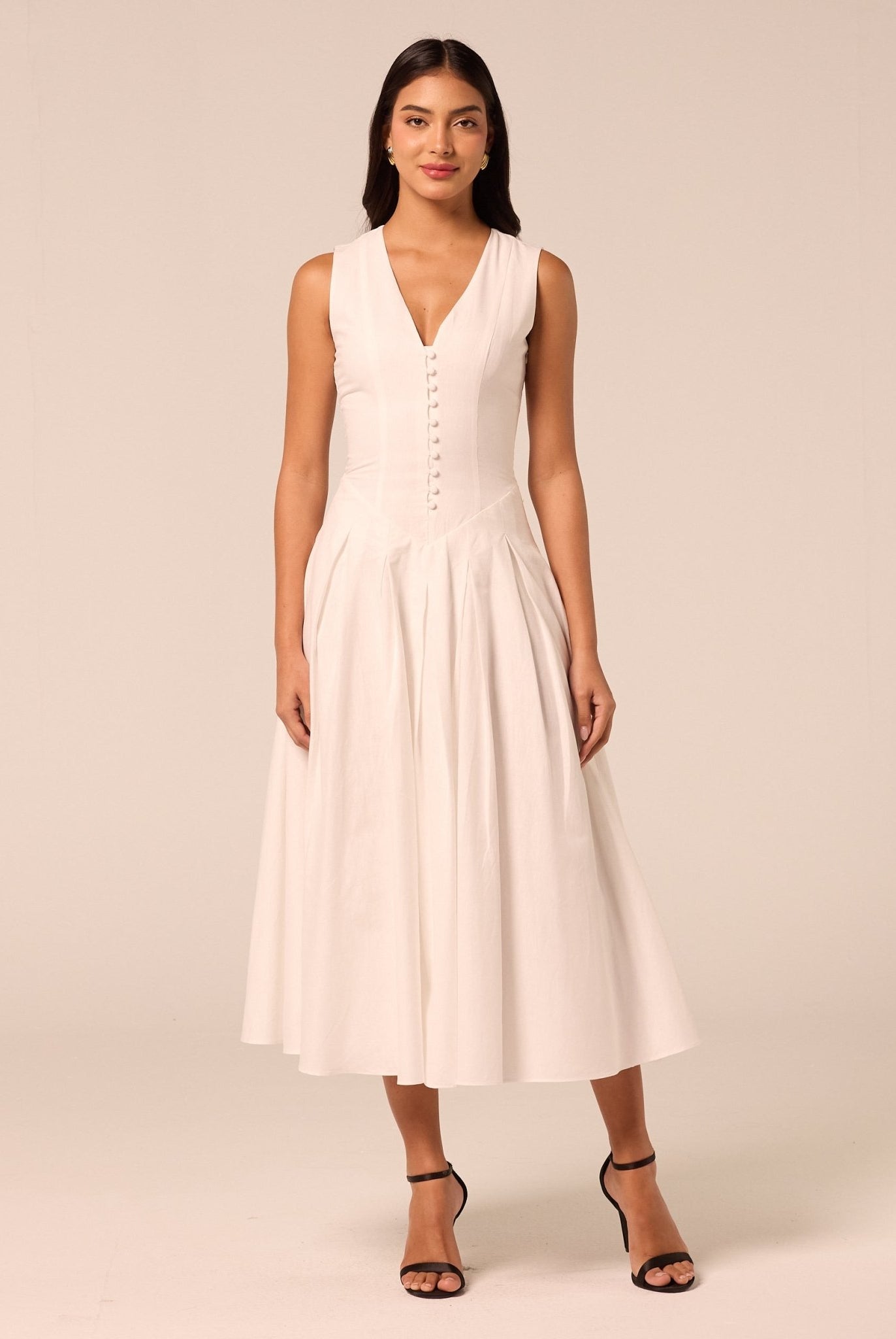 White V-Neck Pleated Linen Midi Dress - shopaleena