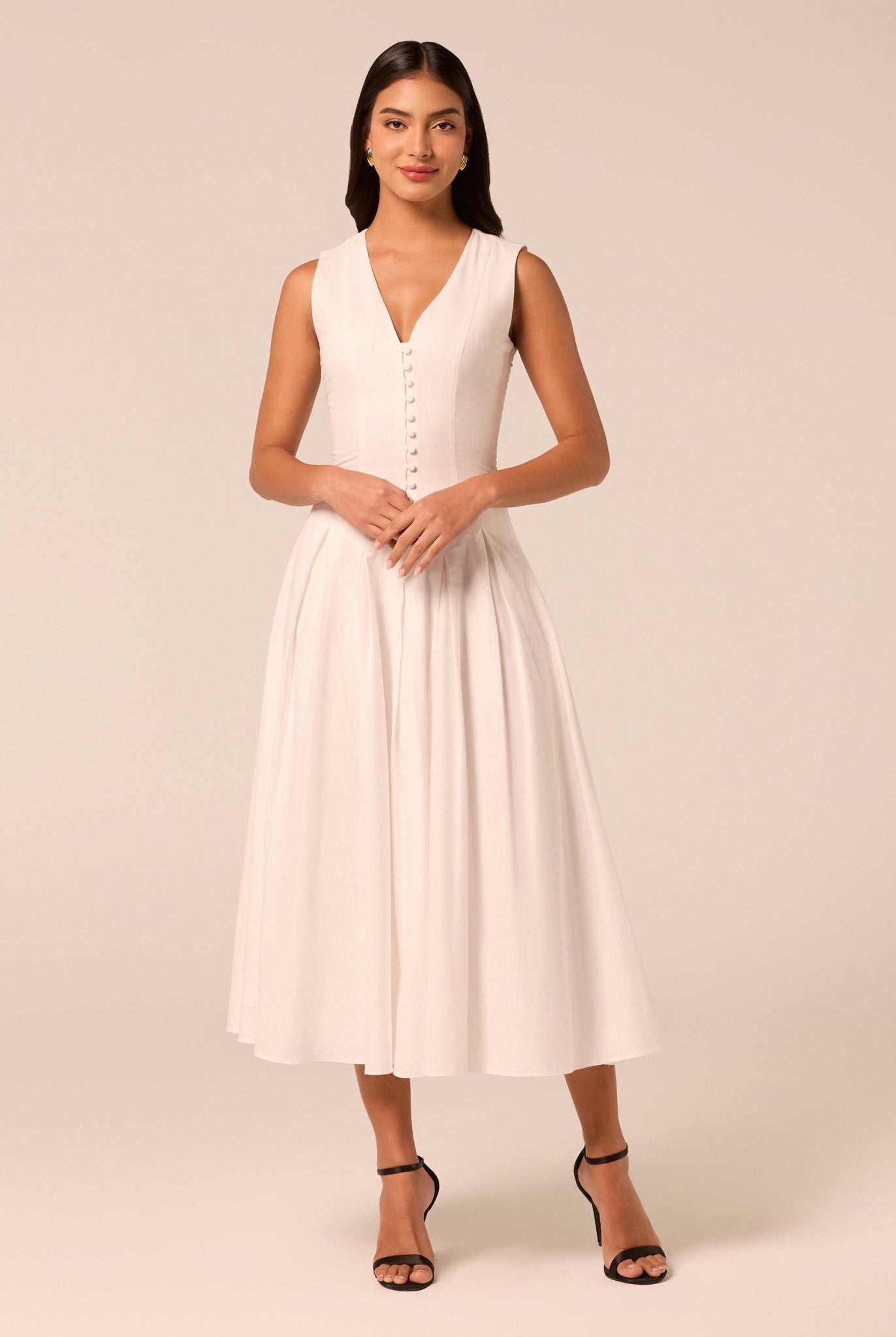 White V-Neck Pleated Linen Midi Dress - shopaleena