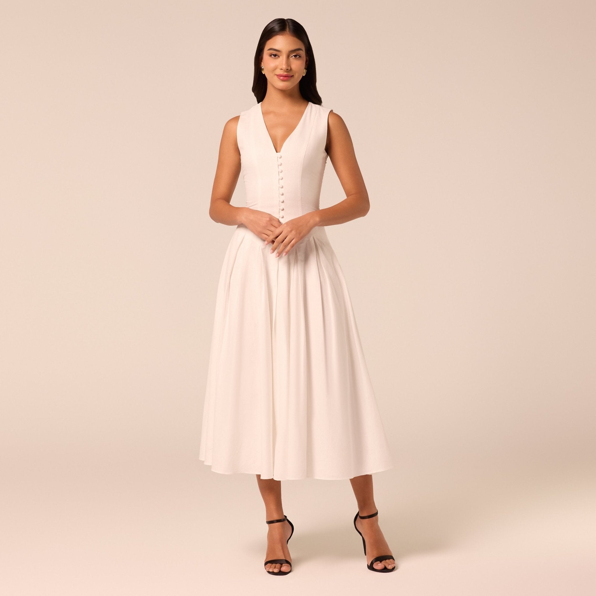 White V-Neck Pleated Linen Midi Dress - shopaleena