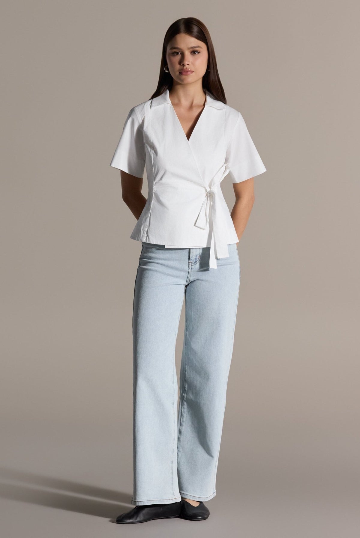 White V-Neck Wrap Blouse - shopaleena