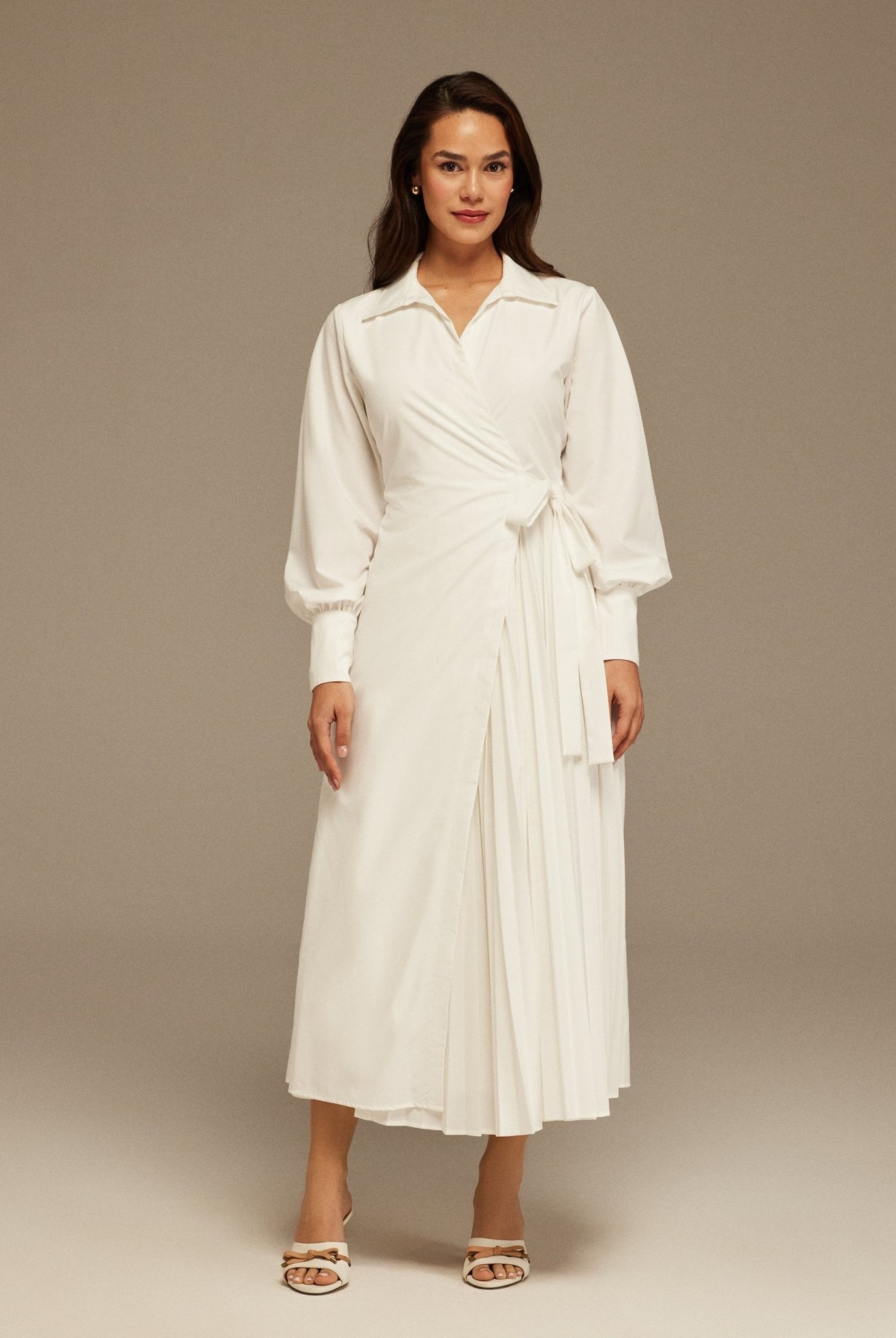 White Warped Dress Poplin With Pleats - shopaleena