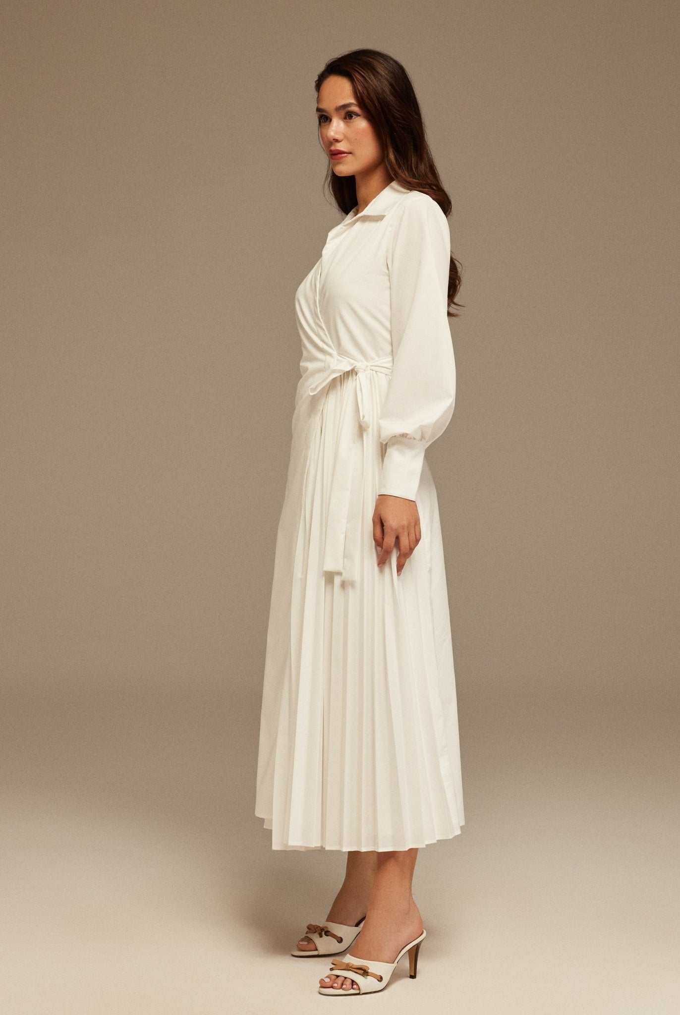 White Warped Dress Poplin With Pleats - shopaleena