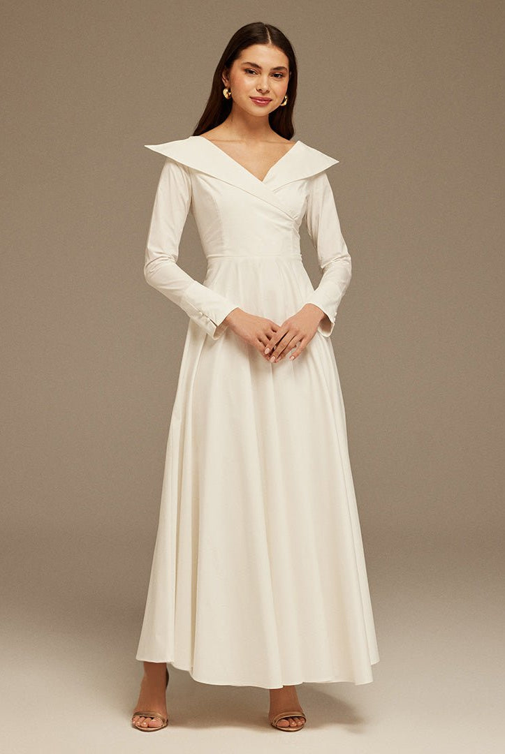 White Wide Neck Long Sleeve Midi Dress - shopaleena