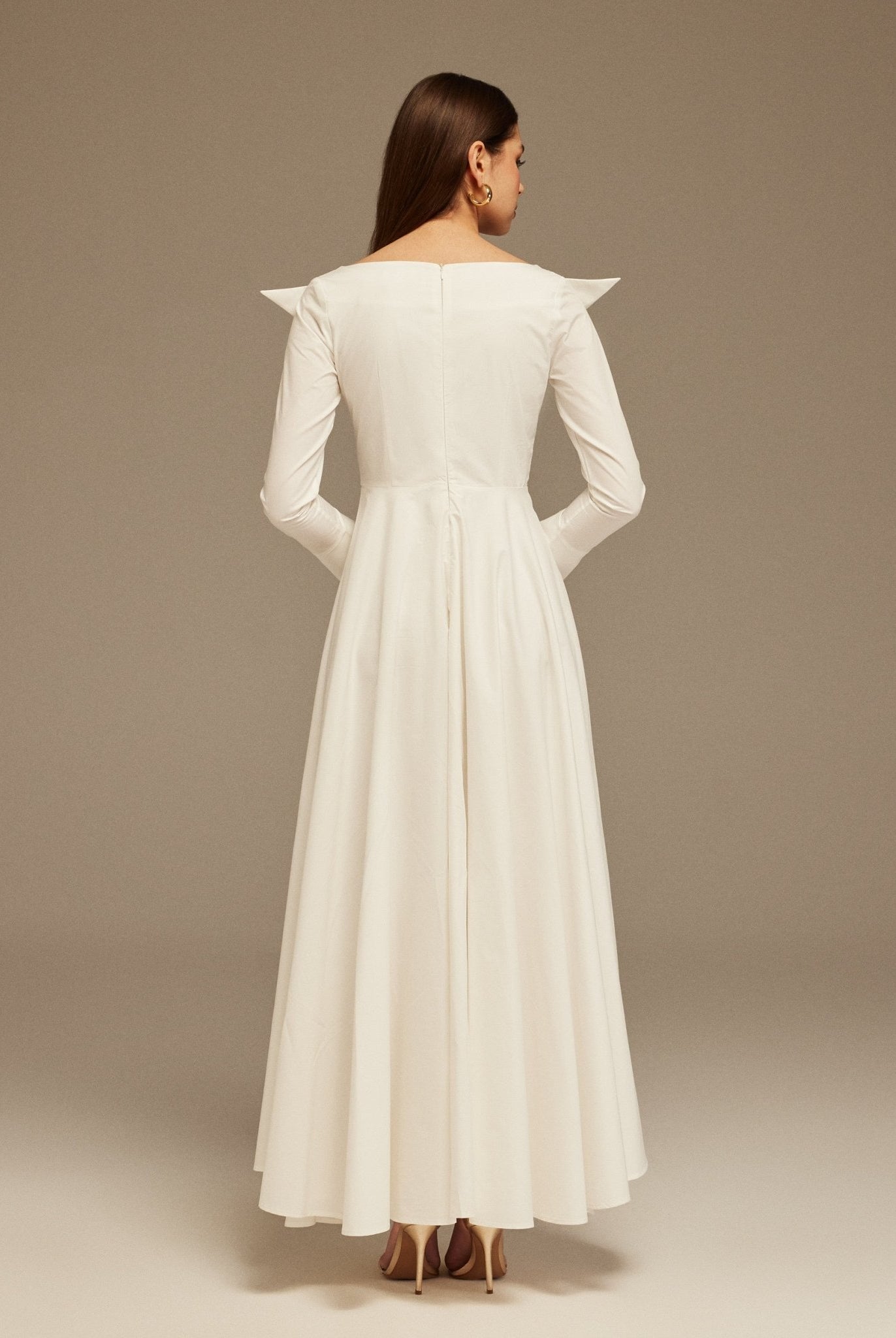 White Wide Neck Long Sleeve Midi Dress - shopaleena