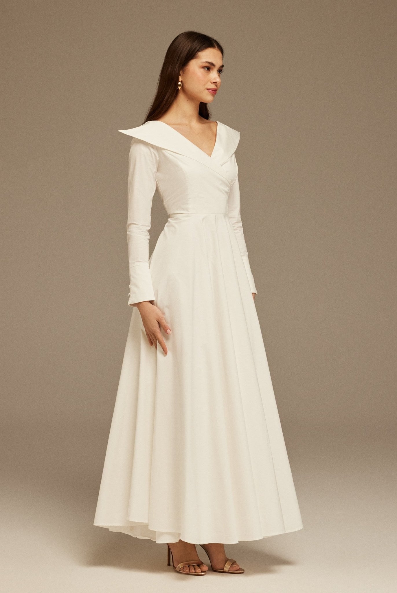 White Wide Neck Long Sleeve Midi Dress - shopaleena