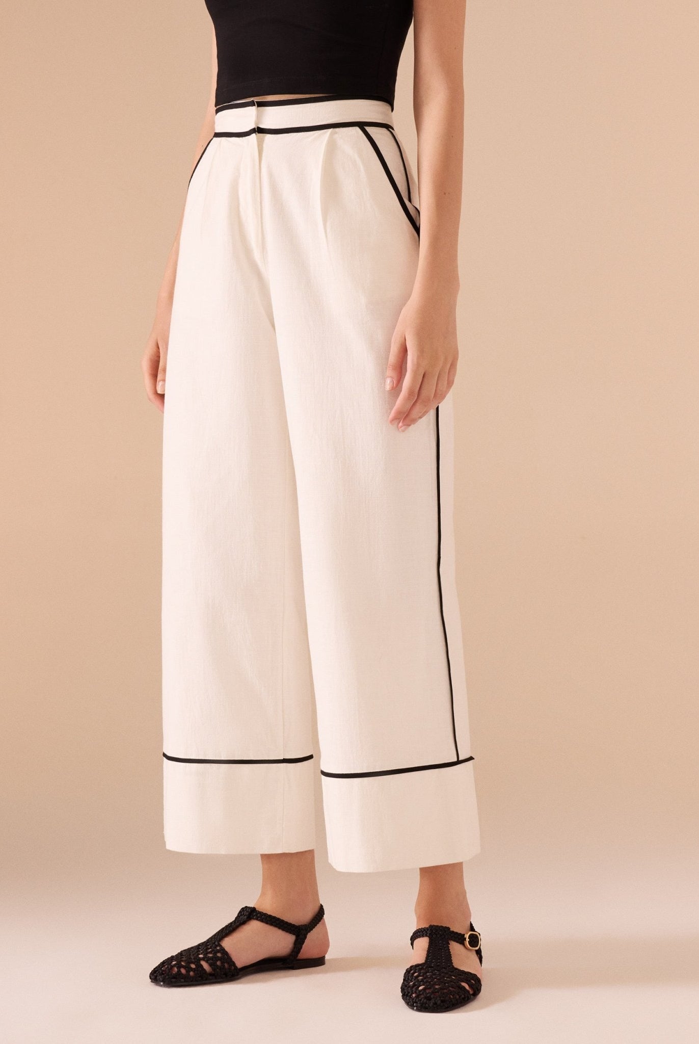 Wide Leg Pants With Black Lines - shopaleena