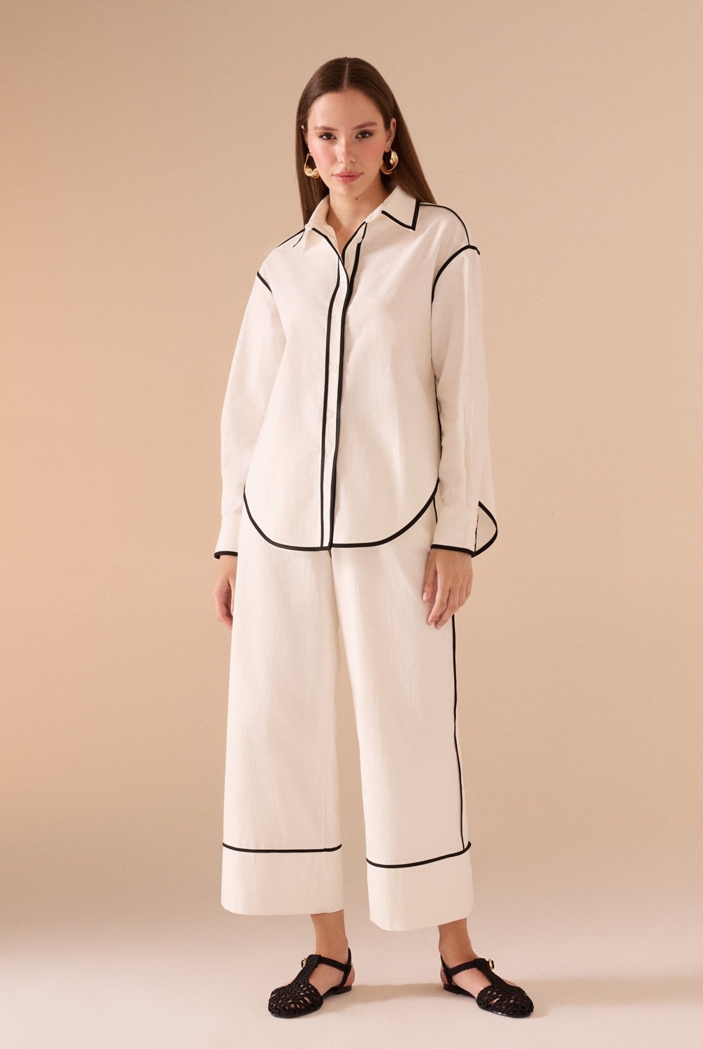 Wide Leg Pants With Black Lines - shopaleena