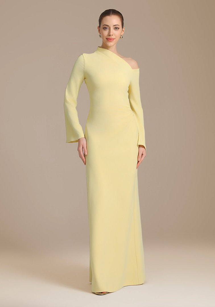 Yellow Bare shoulder Crepe maxi dress - shopaleena