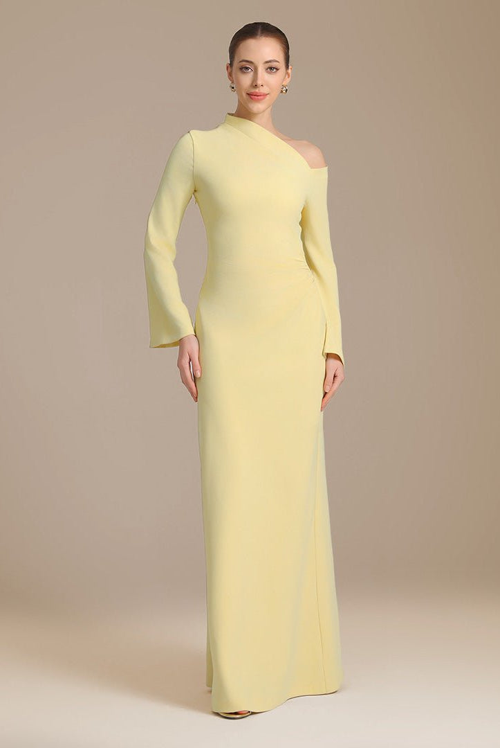 Yellow Bare shoulder Crepe maxi dress - shopaleena
