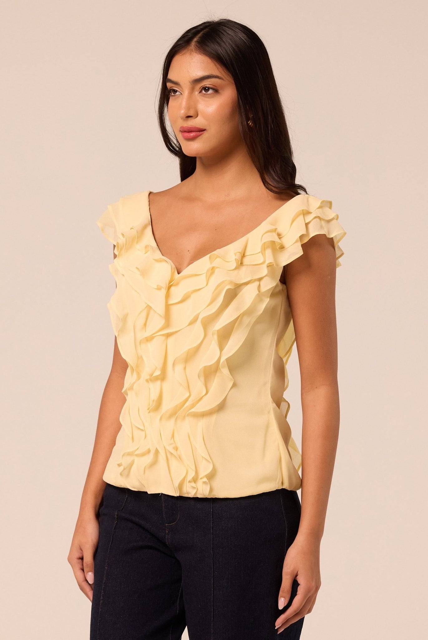 Yellow Cascade Ruffle Chiffon Top - shopaleena