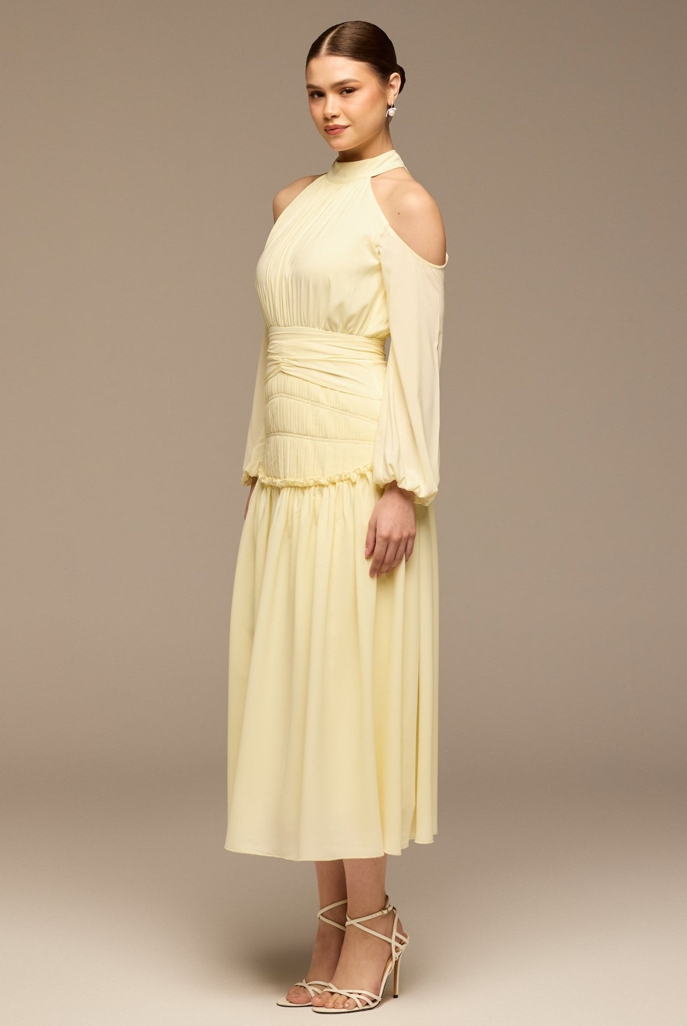 Yellow Cold Shoulder Chiffon Dress - shopaleena