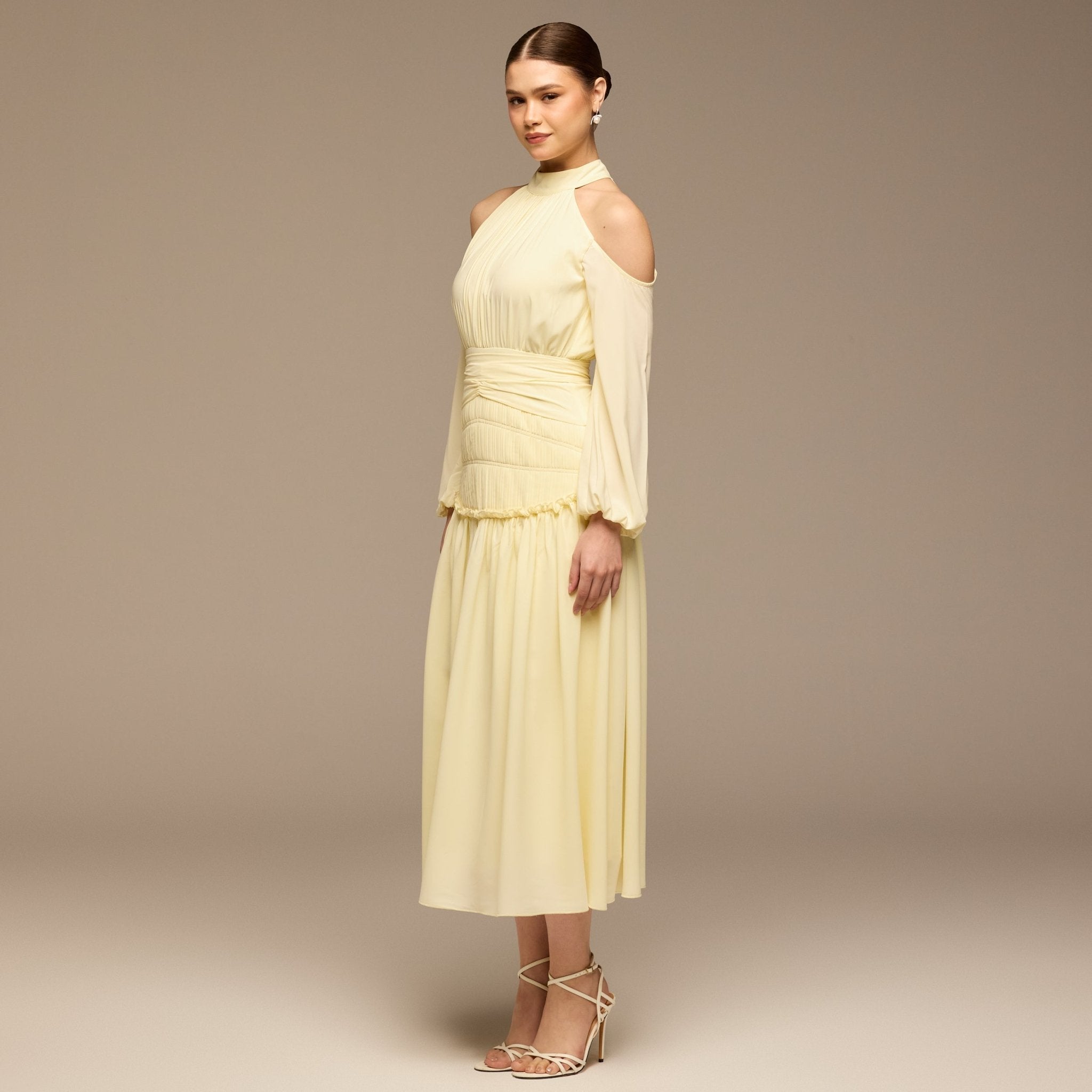 Yellow Cold Shoulder Chiffon Dress - shopaleena