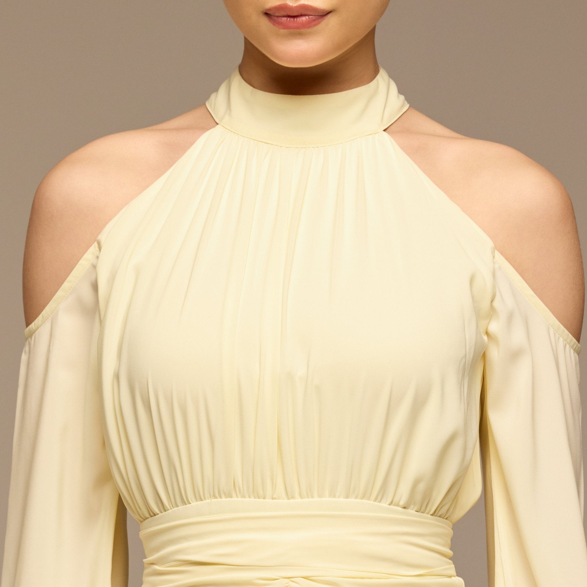 Yellow Cold Shoulder Chiffon Dress - shopaleena