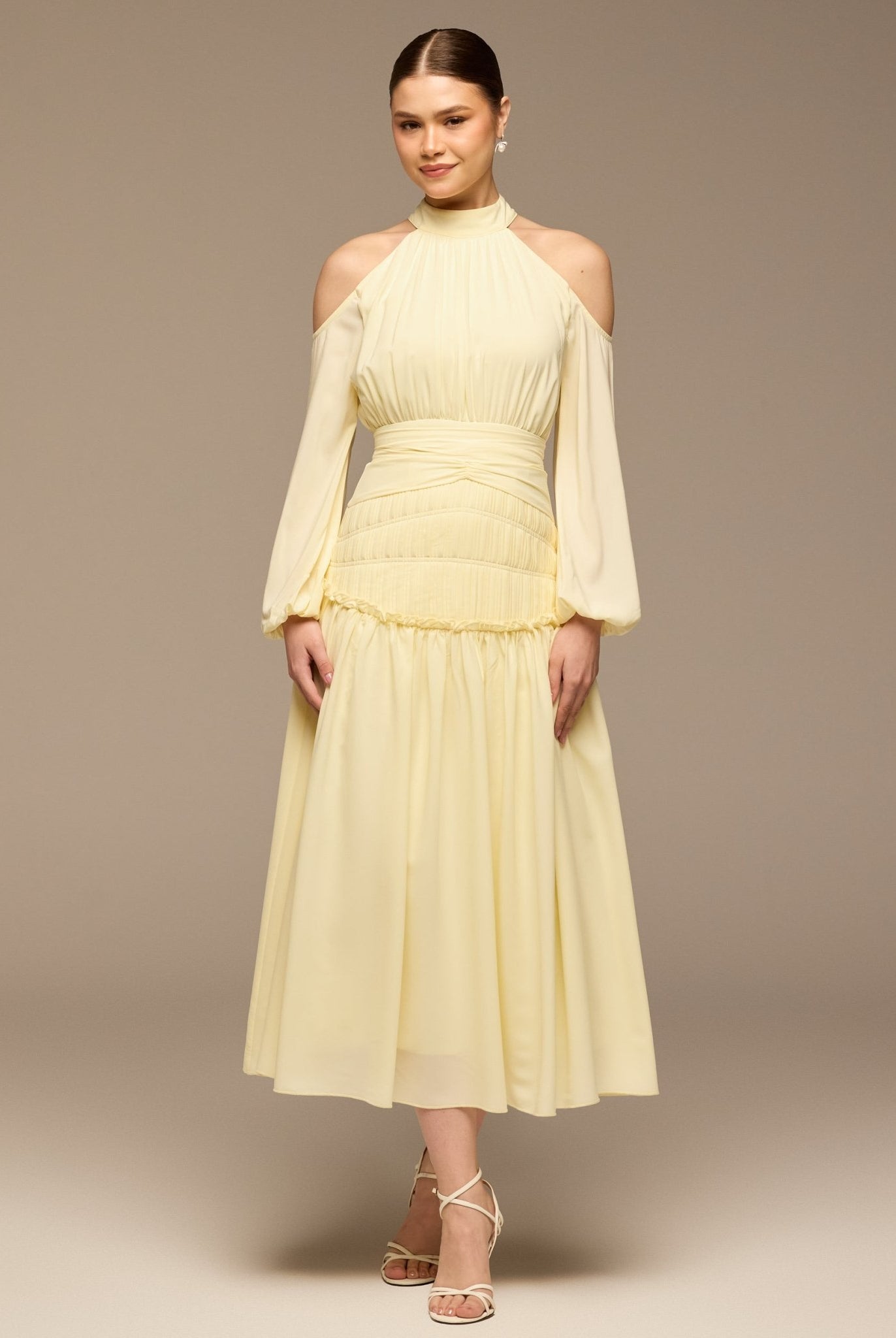 Yellow Cold Shoulder Chiffon Dress - shopaleena