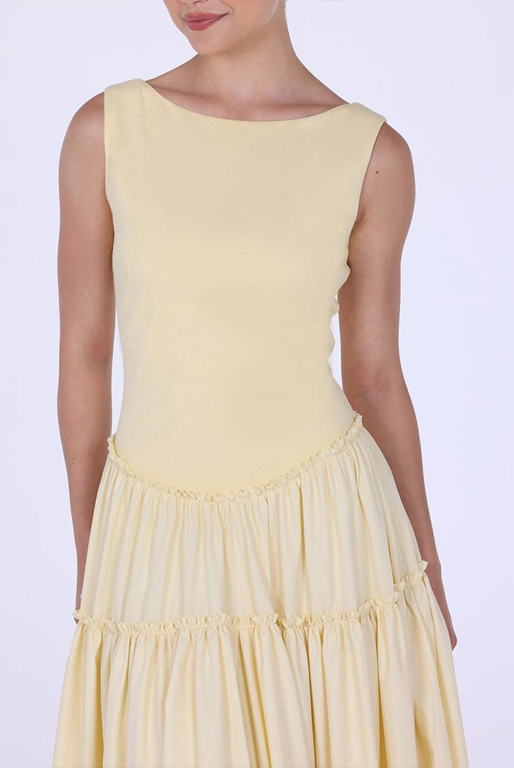 Yellow Cotton Drop Waist Midi Dress with Crinkled Linen Skirt - shopaleena