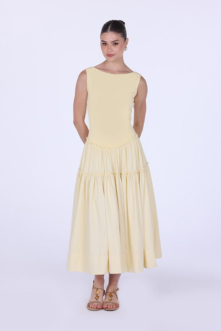 Yellow Cotton Drop Waist Midi Dress with Crinkled Linen Skirt - shopaleena