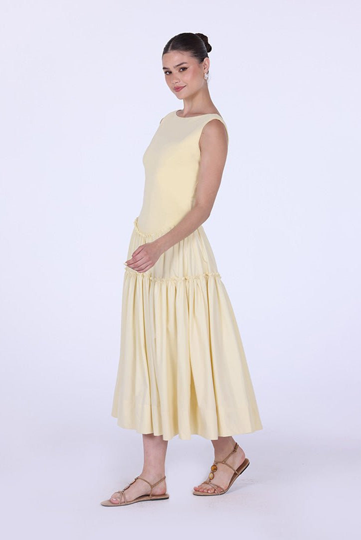 Yellow Cotton Drop Waist Midi Dress with Crinkled Linen Skirt - shopaleena