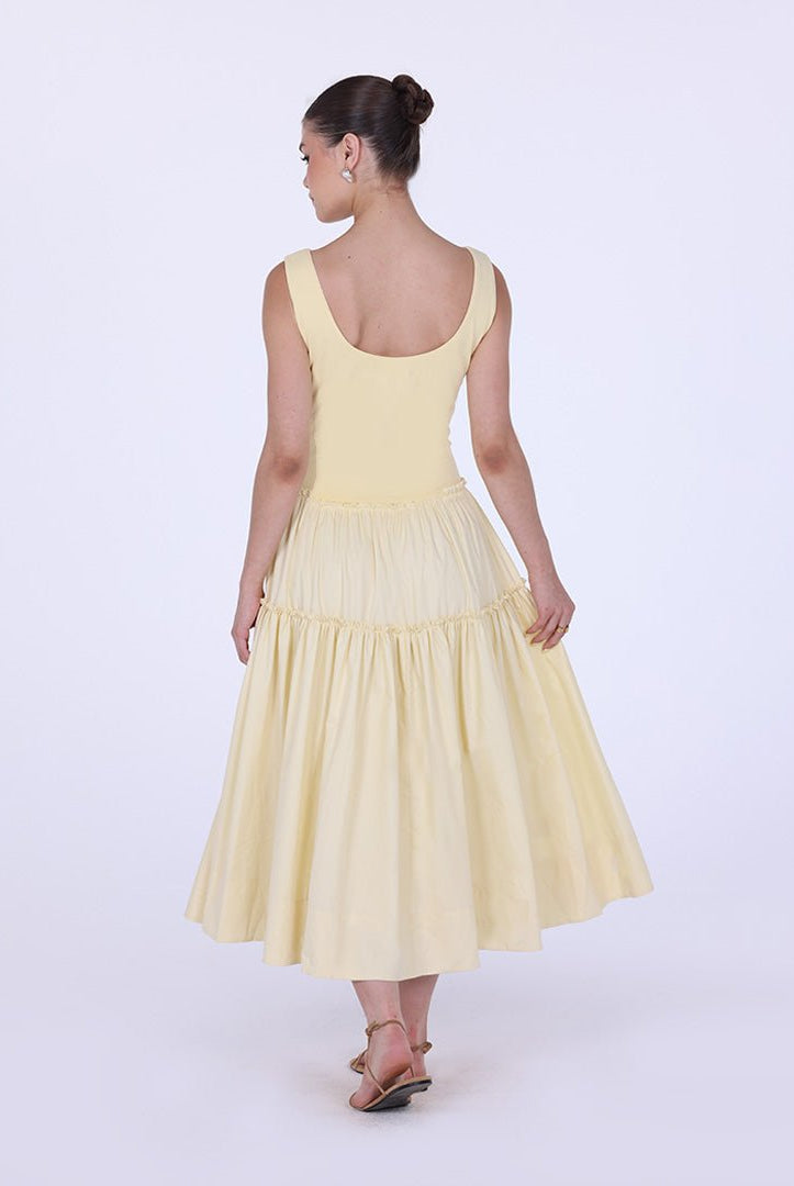 Yellow Cotton Drop Waist Midi Dress with Crinkled Linen Skirt - shopaleena
