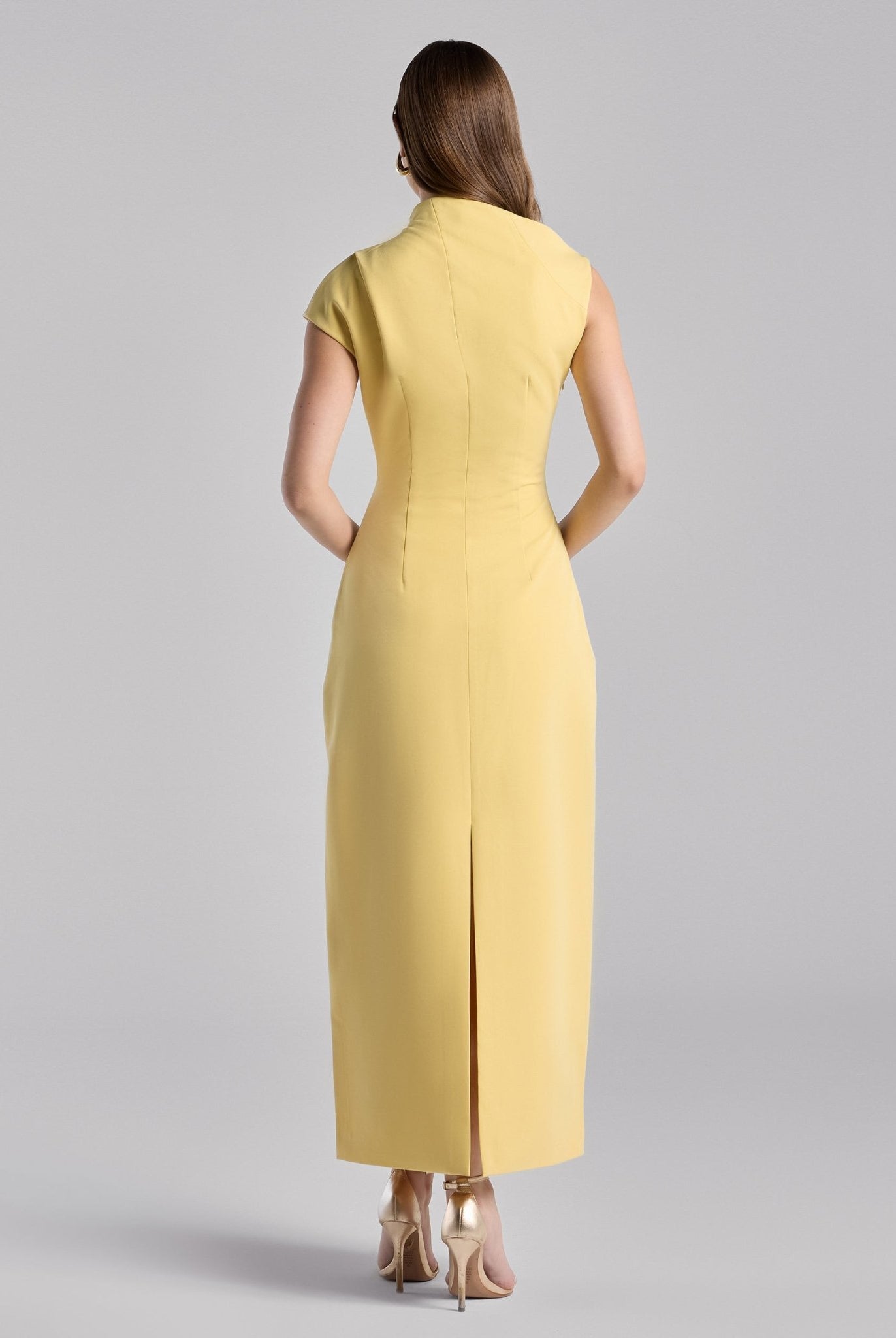 Yellow Draped Shoulder Short Sleeve Midi Dress - shopaleena